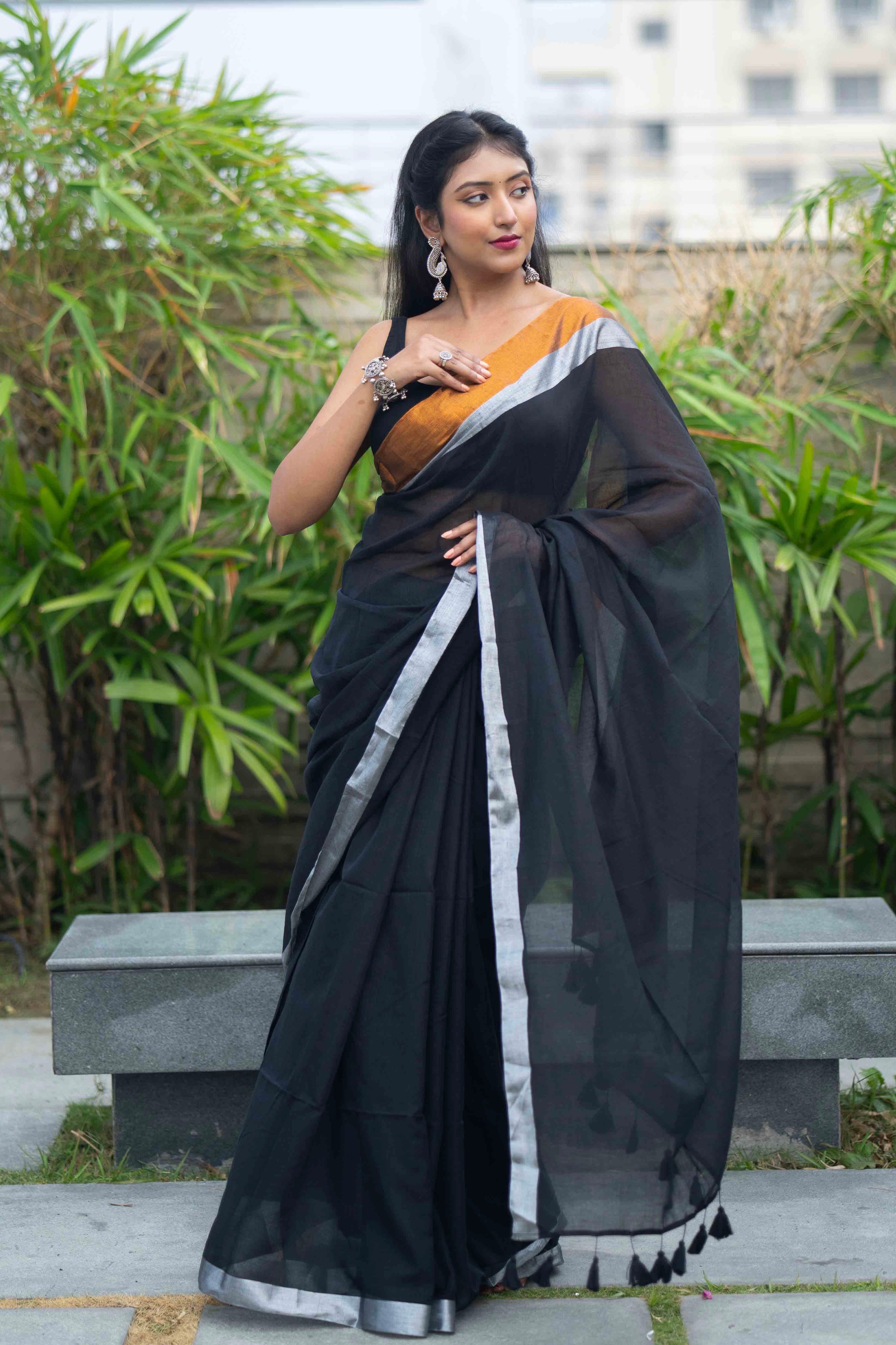 Black Mulmul Cotton Saree with Golden & Silver Zari Border