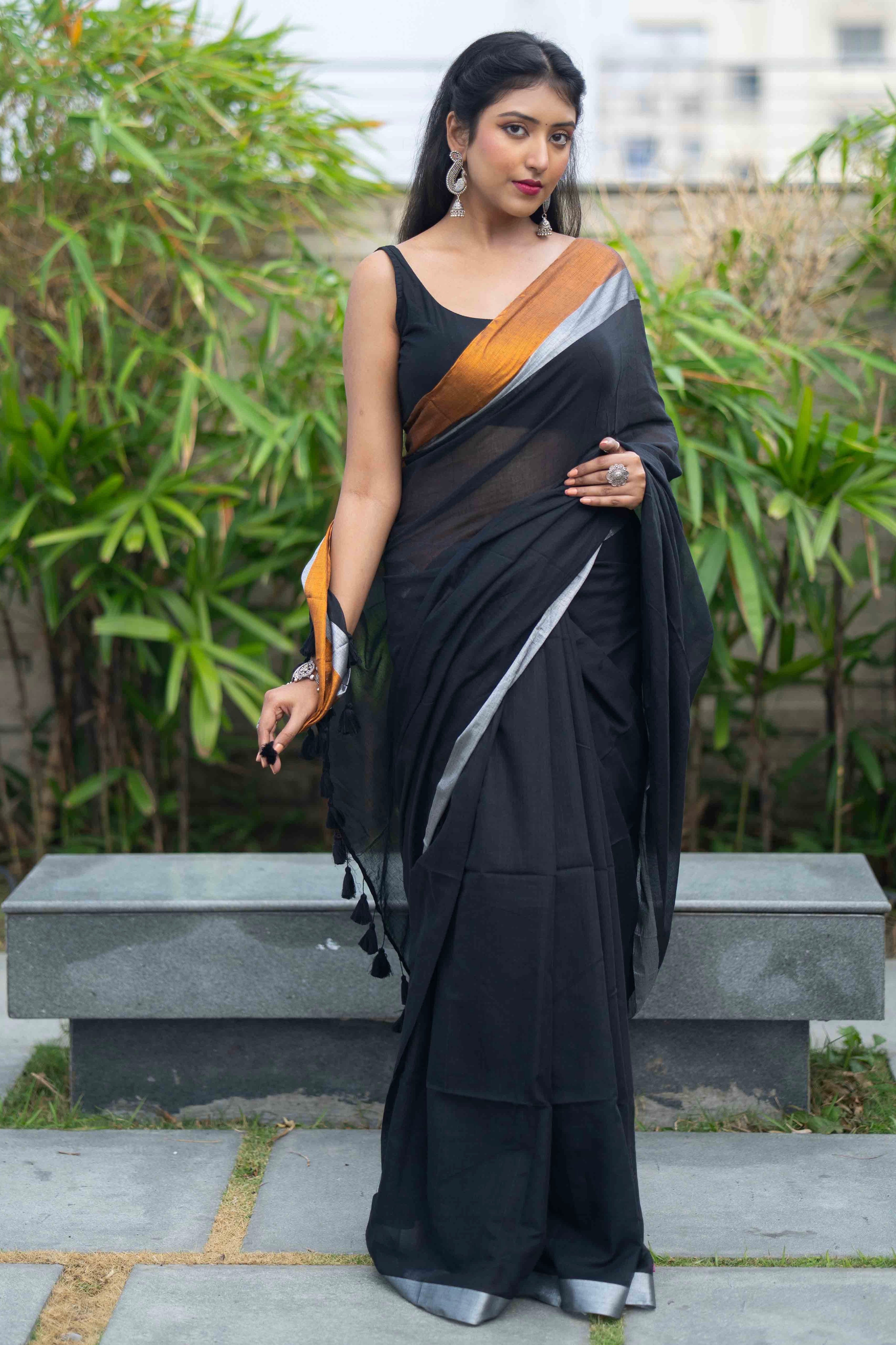 Black Mulmul Cotton Saree with Golden & Silver Zari Border