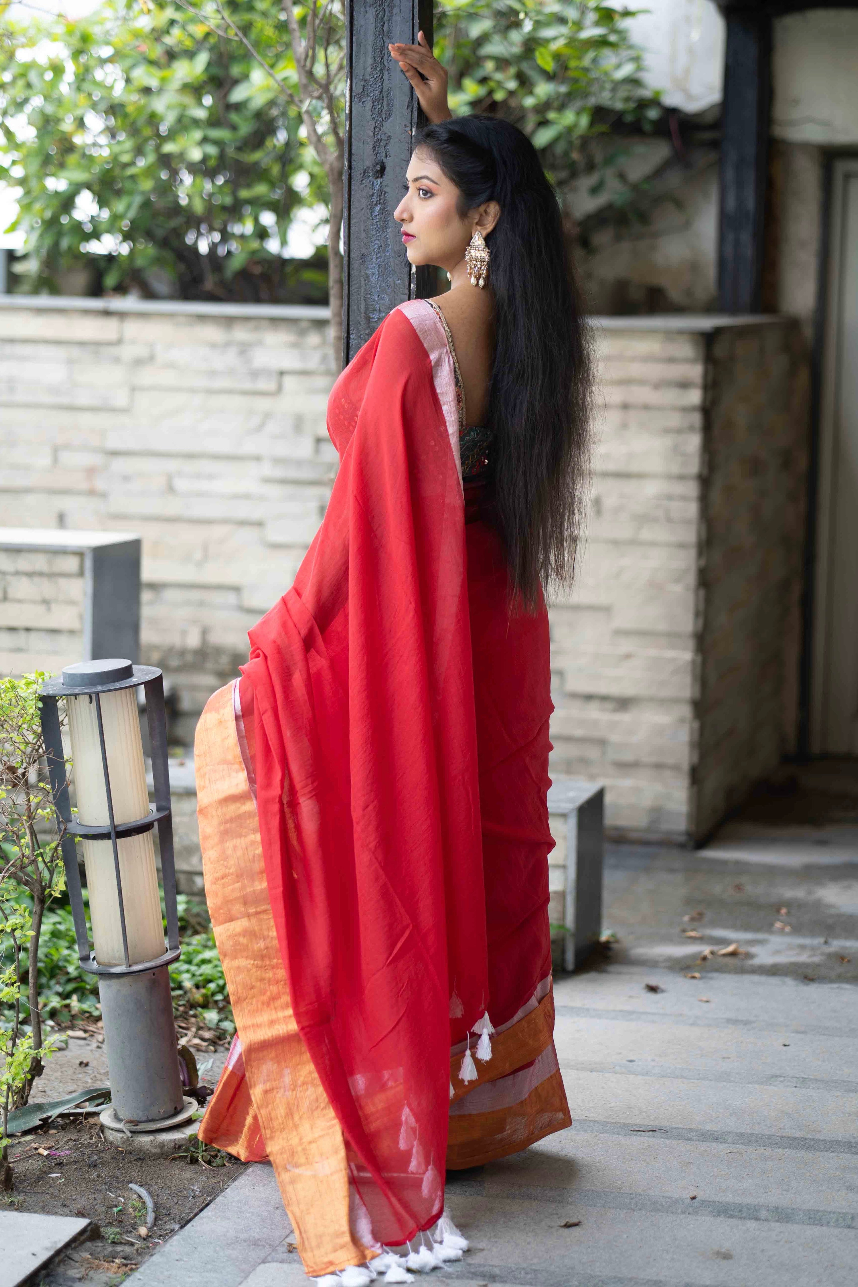 Red Mulmul Cotton Saree with Golden & Silver Zari Border