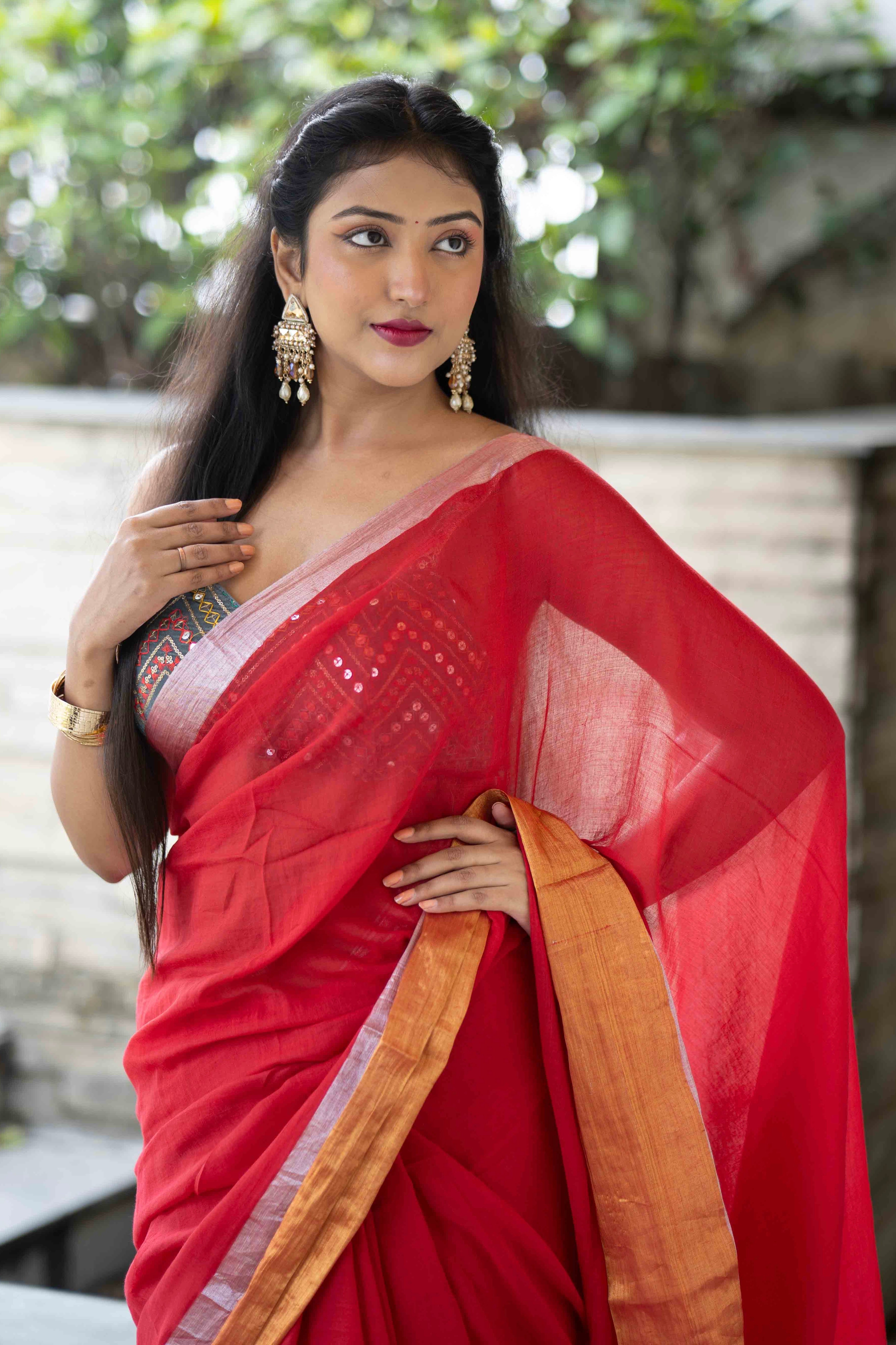 Red Mulmul Cotton Saree with Golden & Silver Zari Border