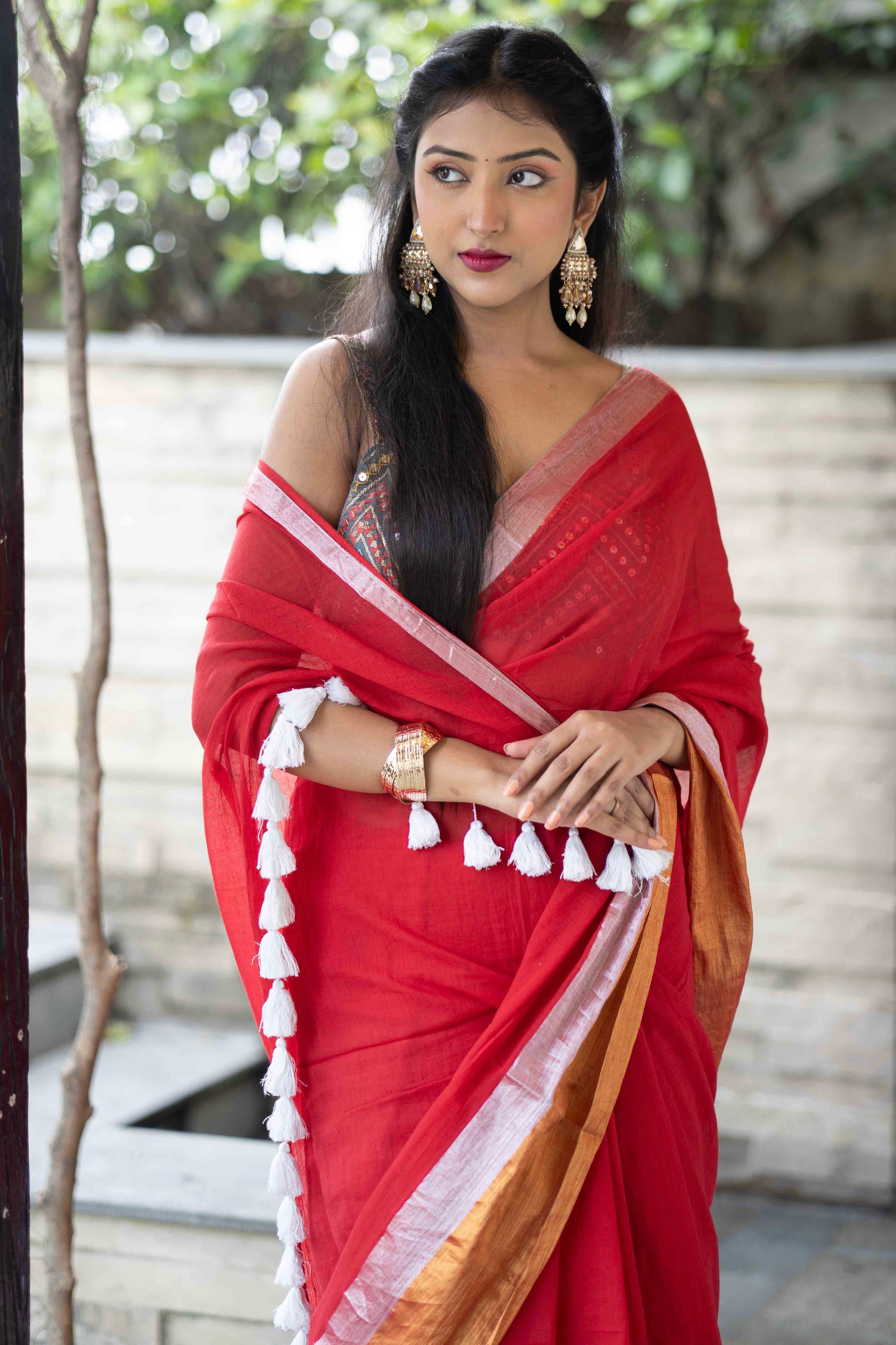 Red Mulmul Cotton Saree with Golden & Silver Zari Border