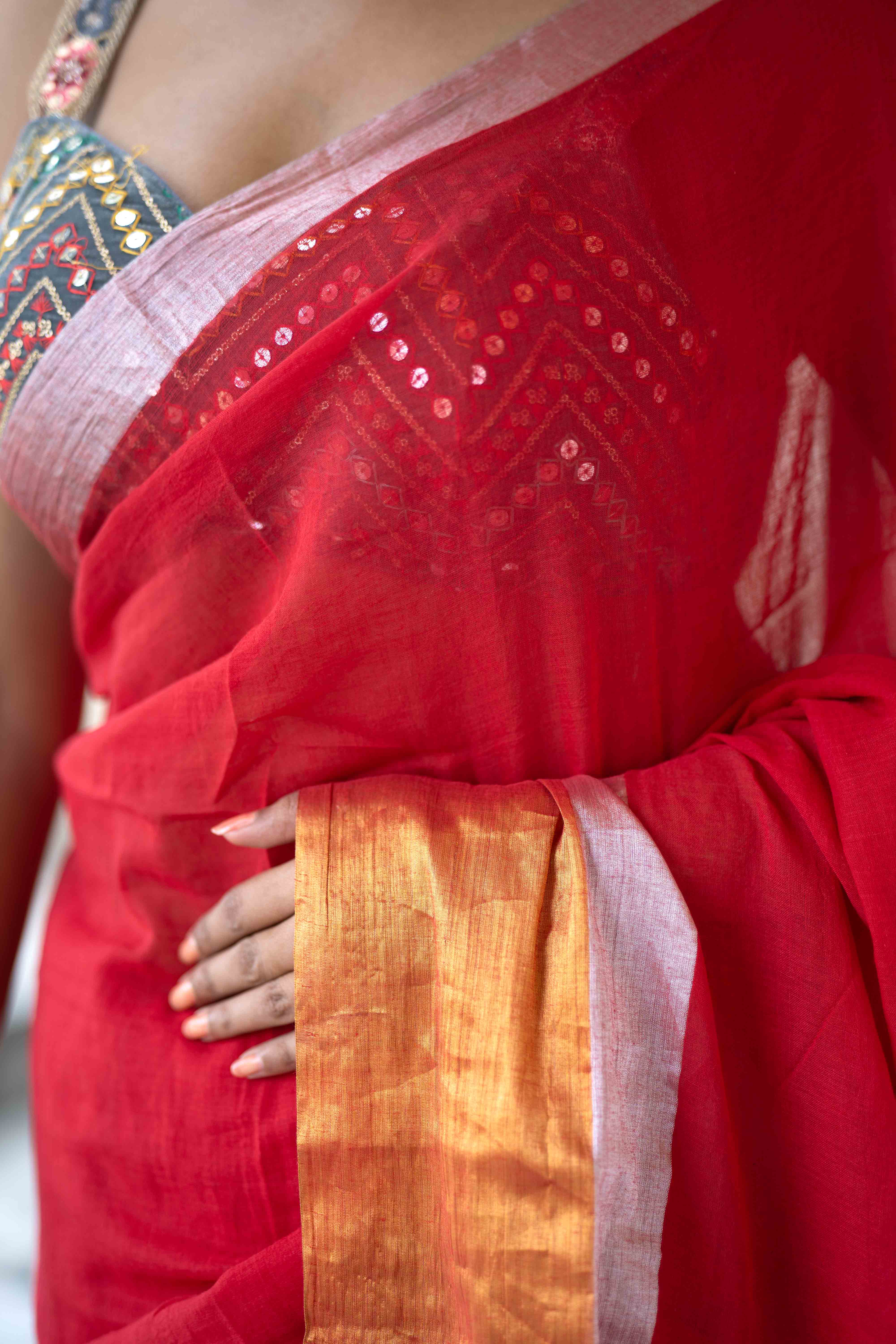 Red Mulmul Cotton Saree with Golden & Silver Zari Border