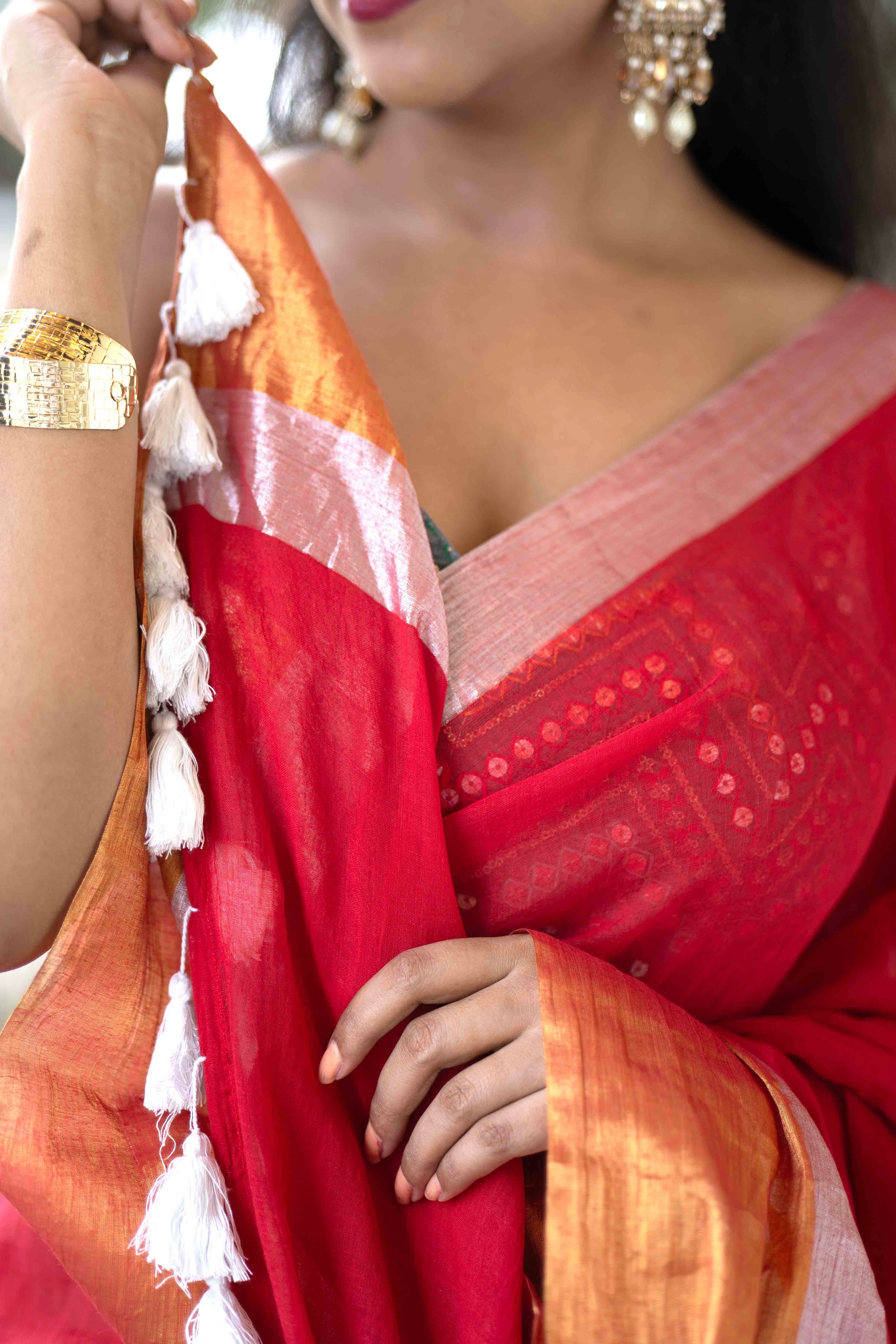 Red Mulmul Cotton Saree with Golden & Silver Zari Border