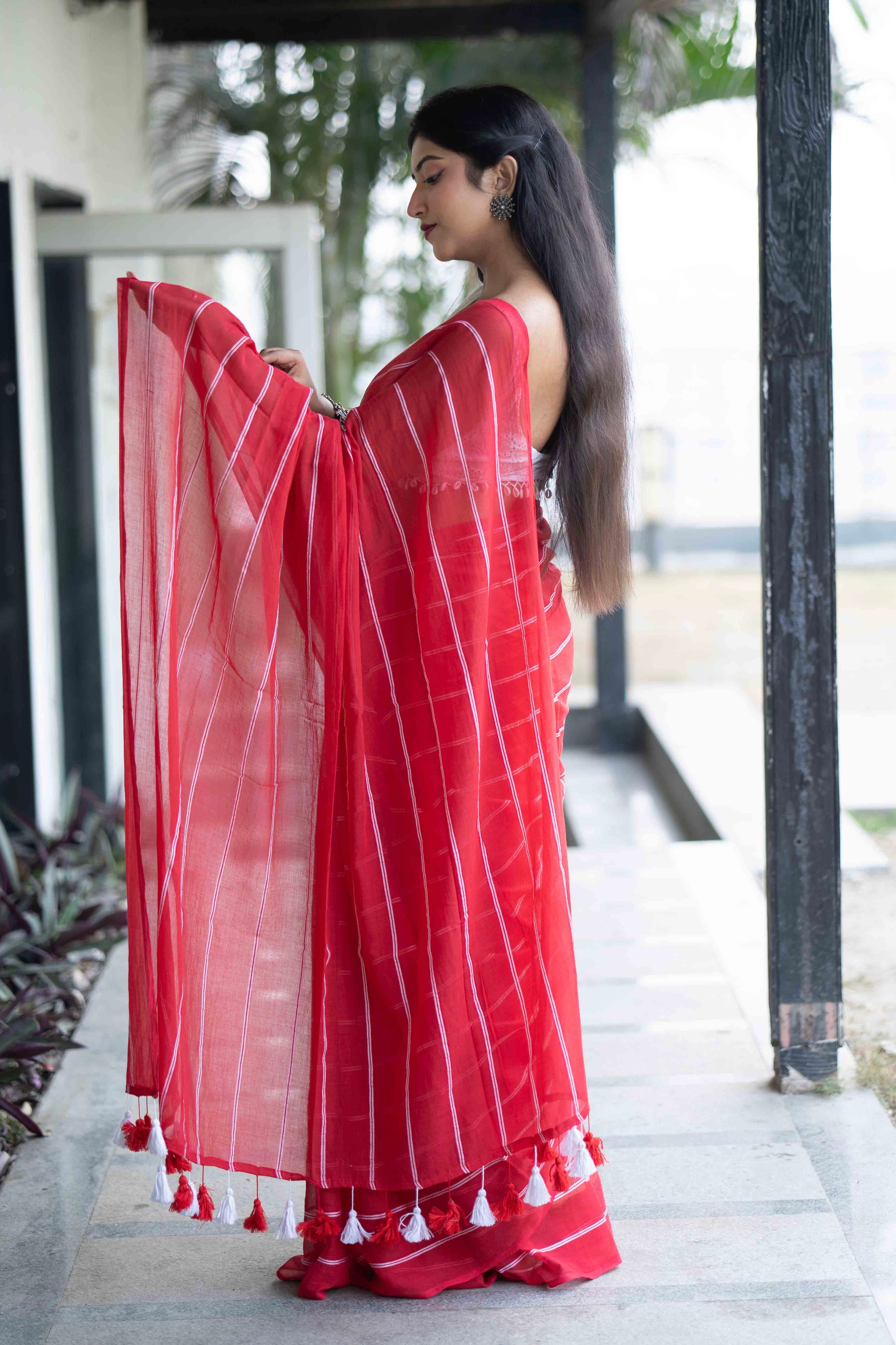 Red Mulmul Cotton Check Saree with White Stripes