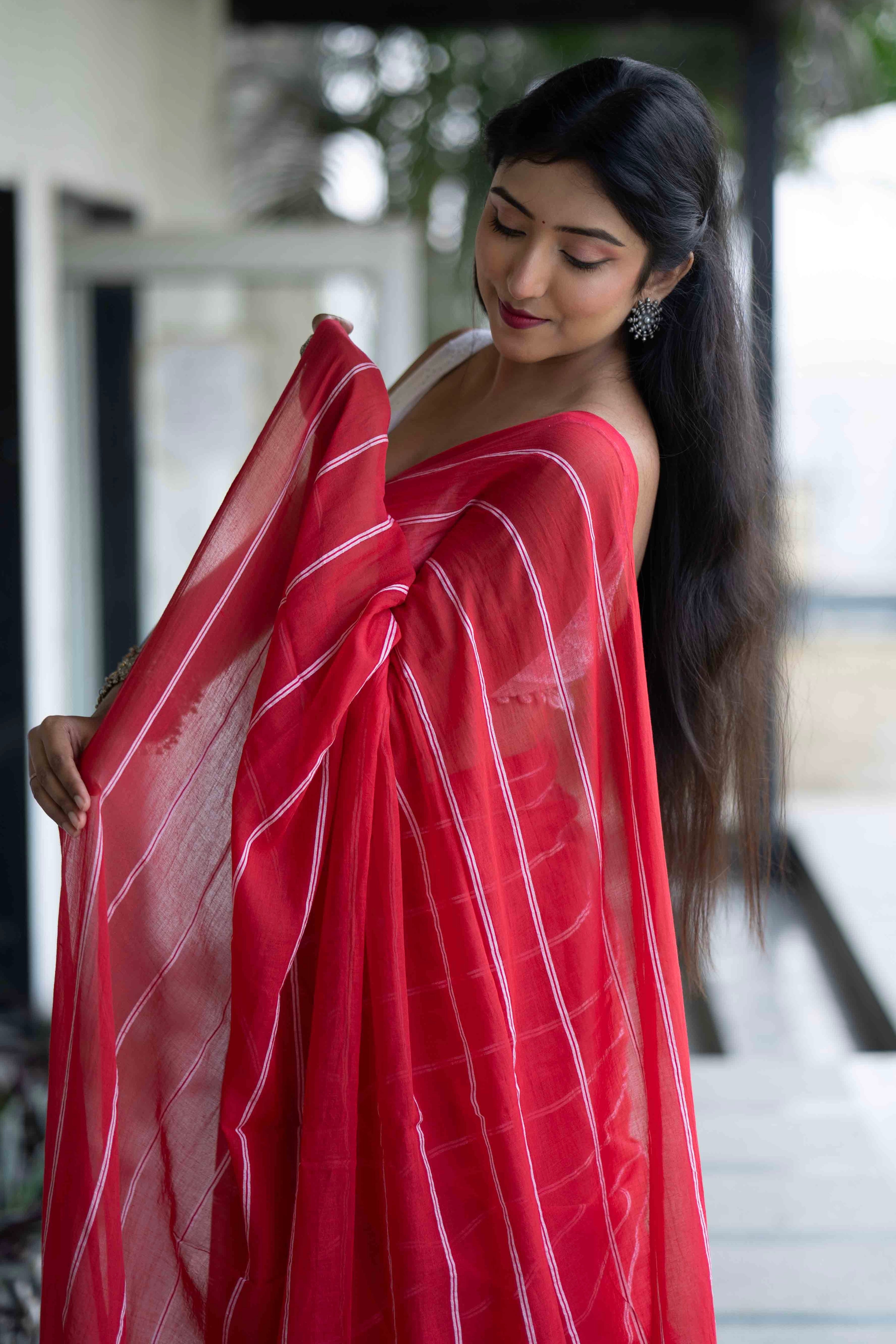 Red Mulmul Cotton Check Saree with White Stripes