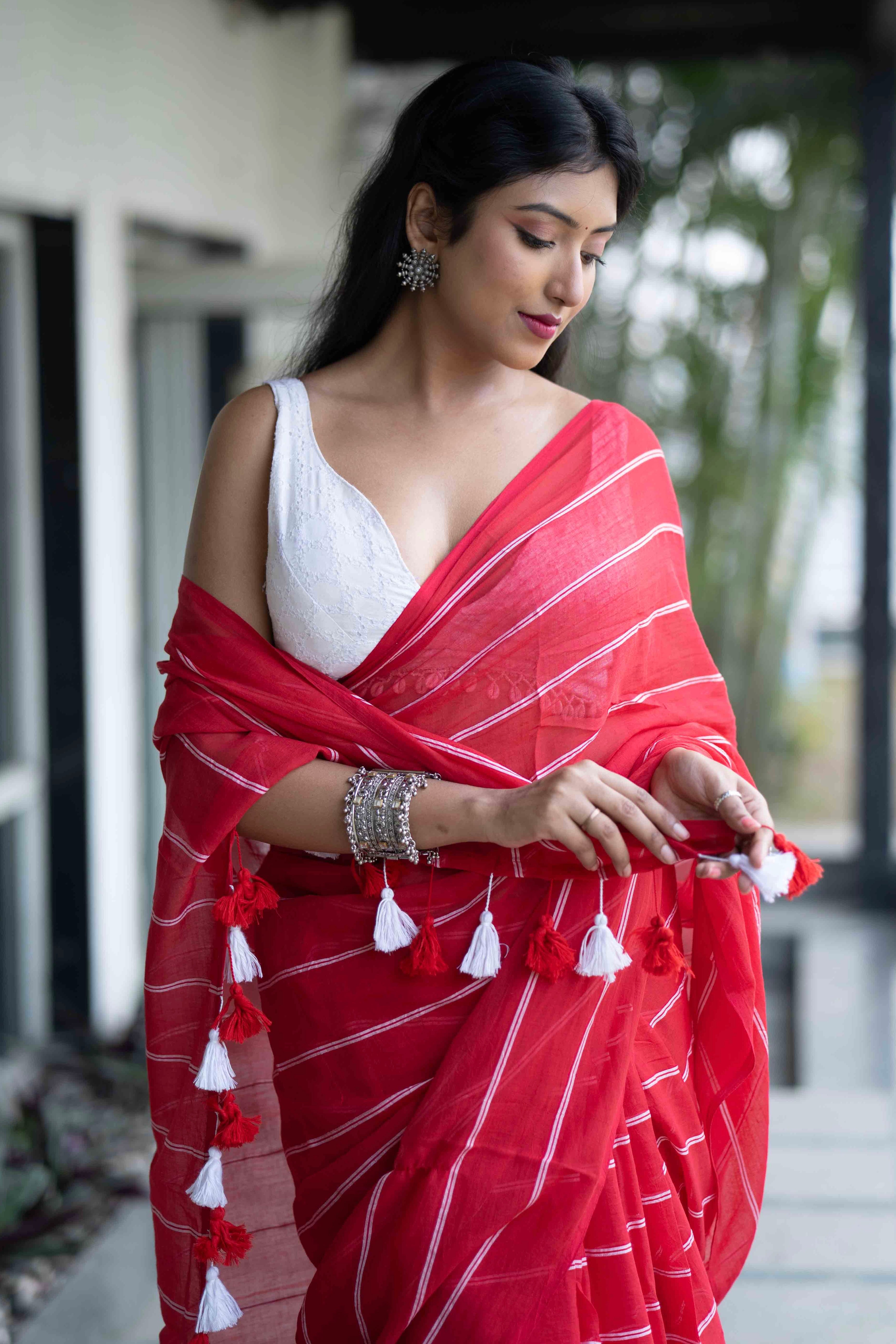 Red Mulmul Cotton Check Saree with White Stripes