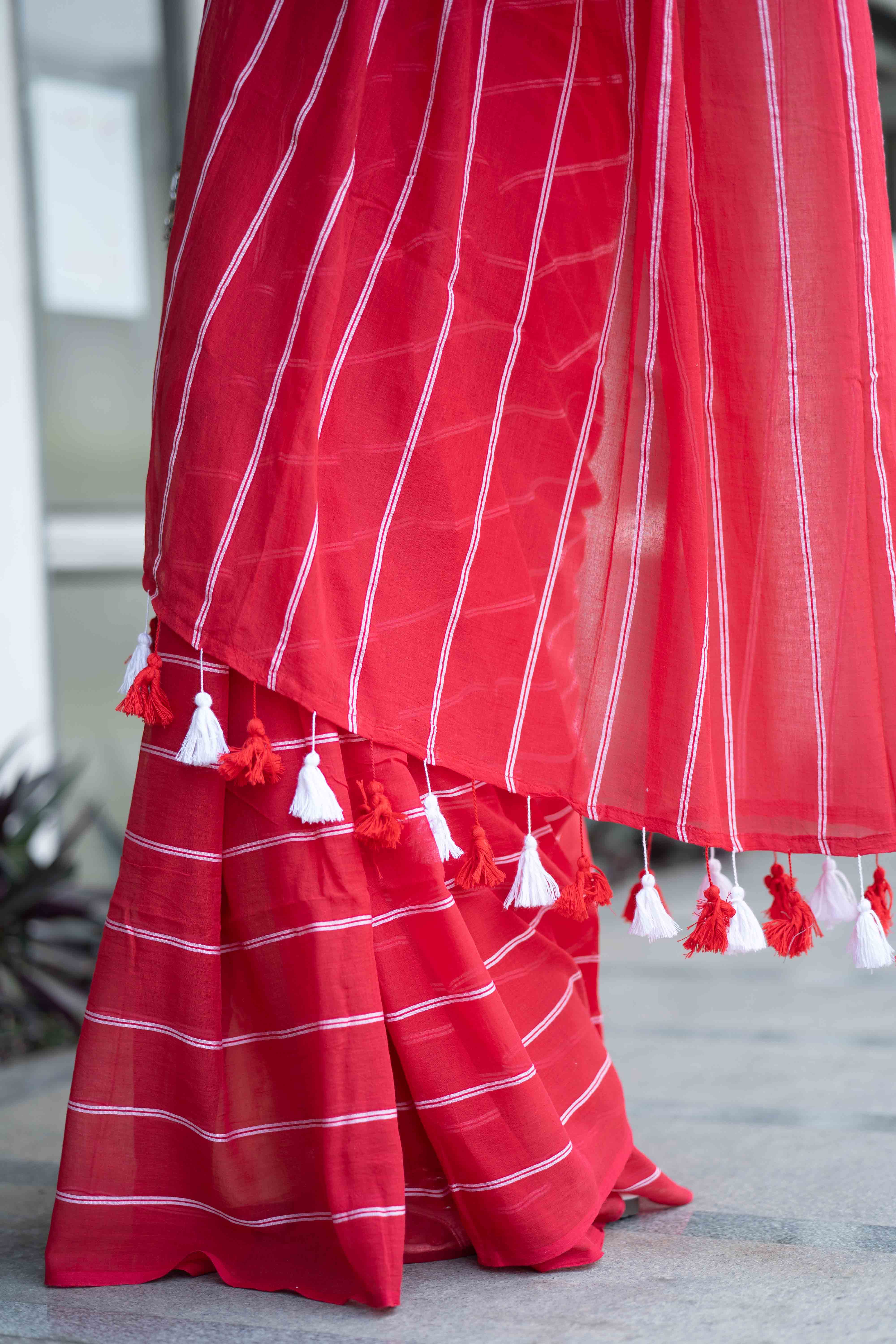 Red Mulmul Cotton Check Saree with White Stripes