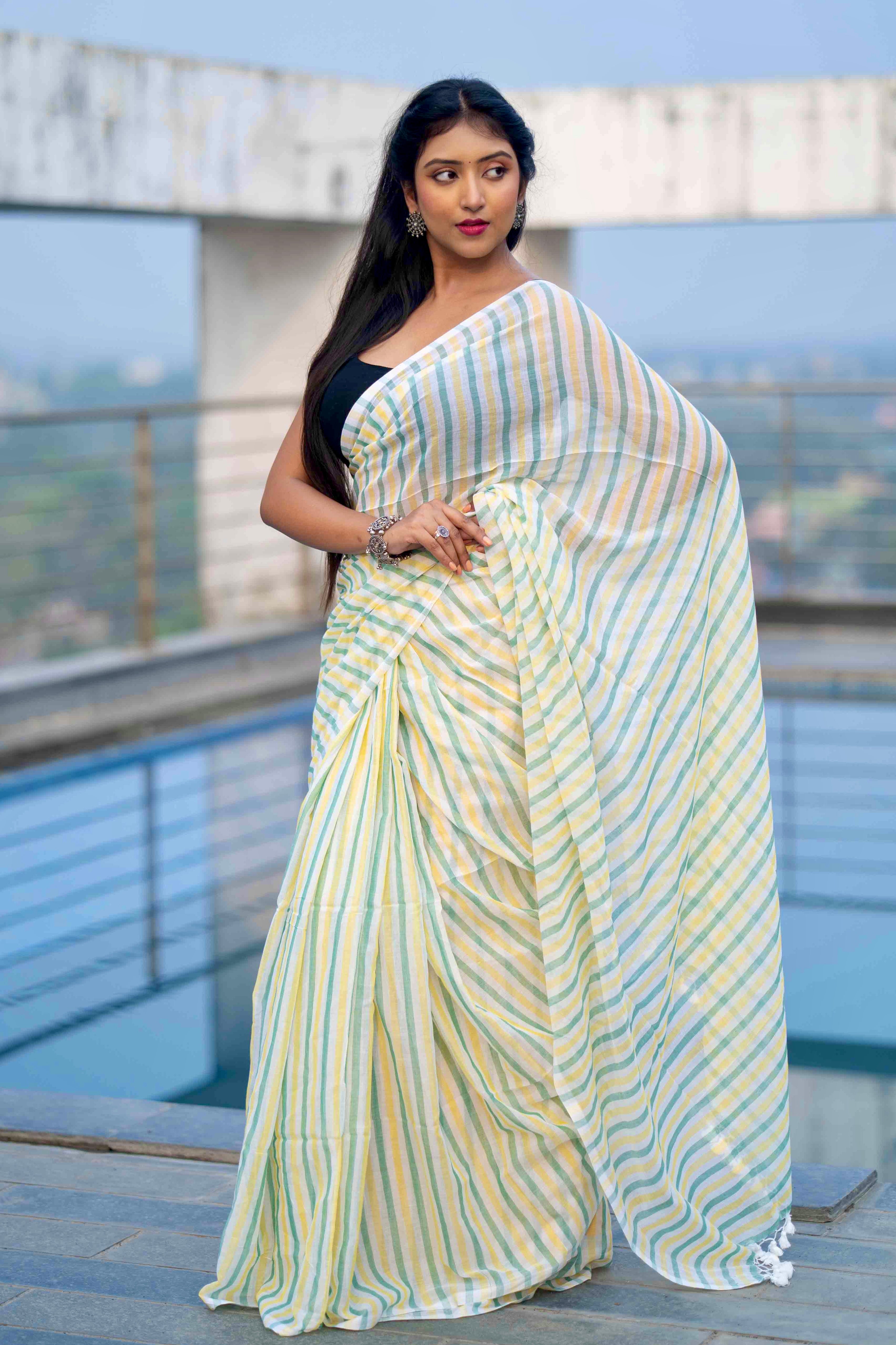 White Mulmul Cotton Saree with Multicolour Stripes