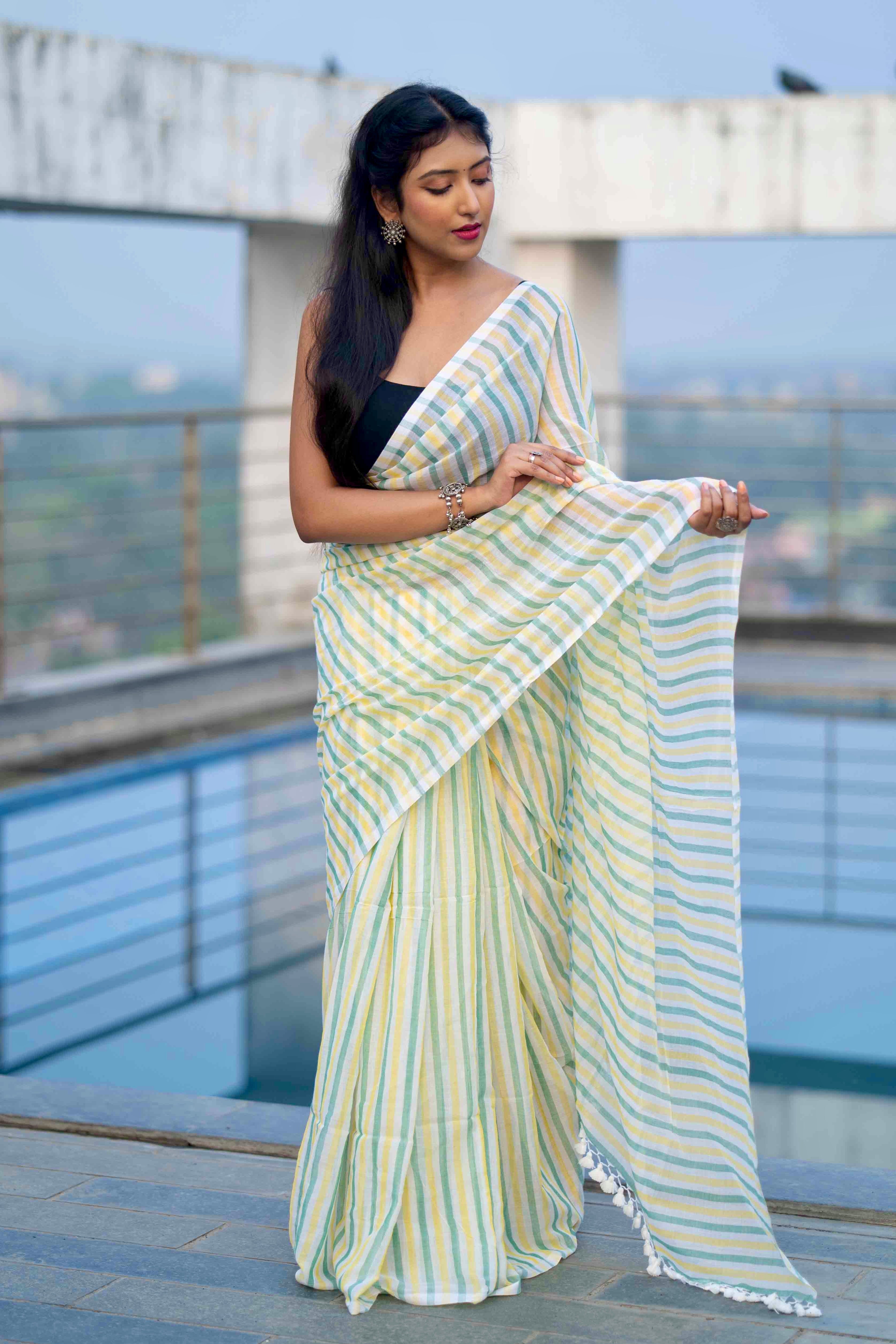 White Mulmul Cotton Saree with Multicolour Stripes