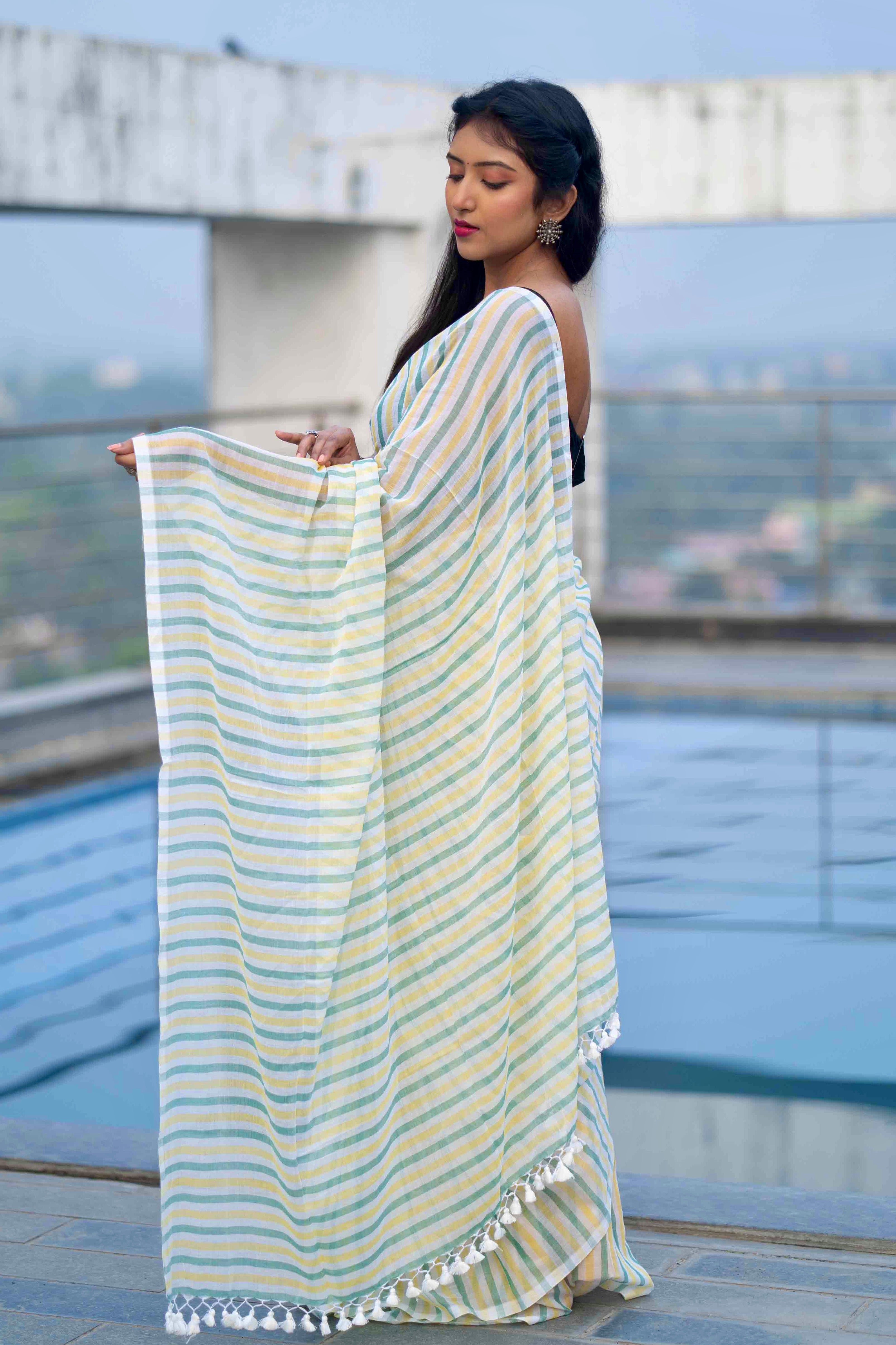 White Mulmul Cotton Saree with Multicolour Stripes