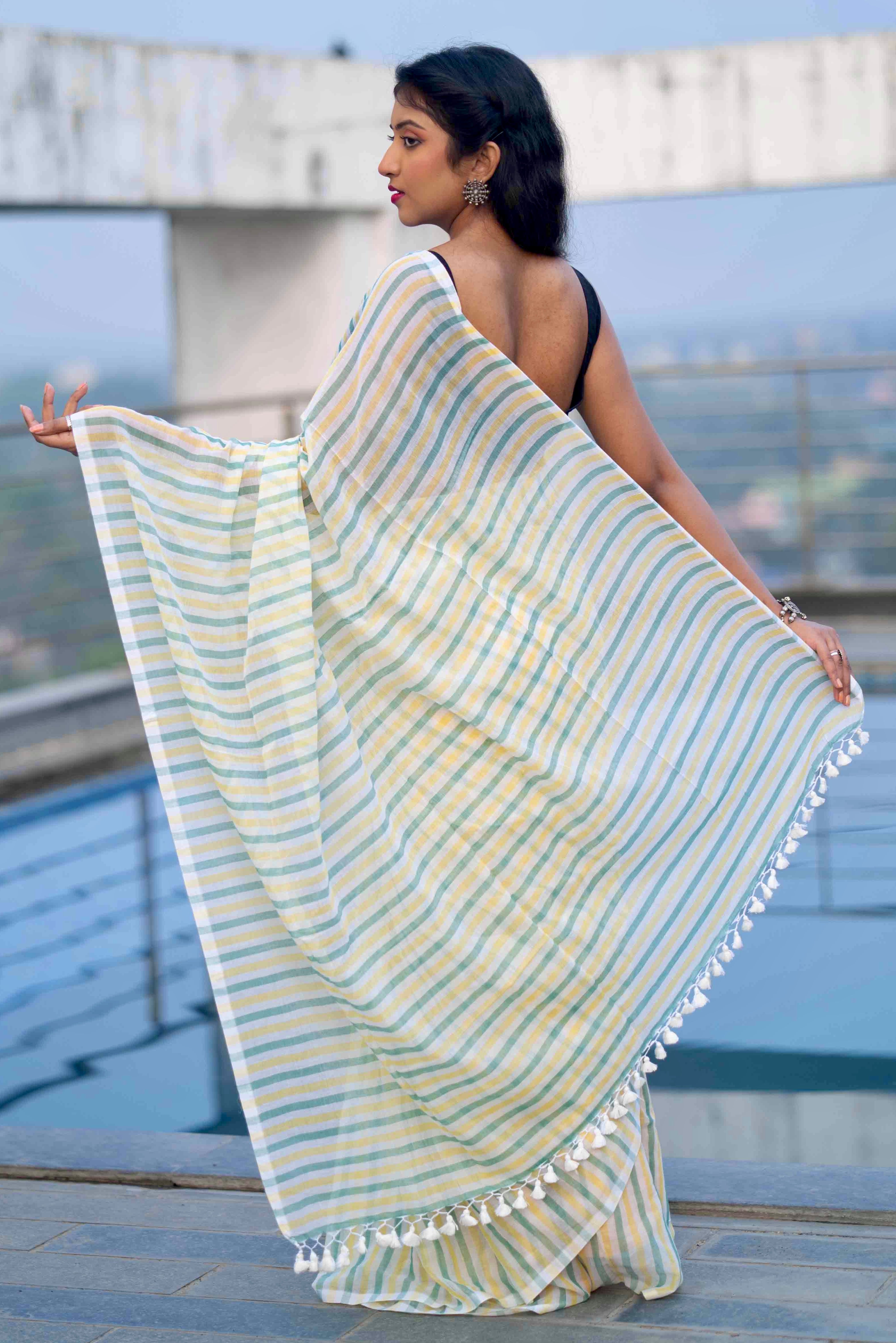 White Mulmul Cotton Saree with Multicolour Stripes