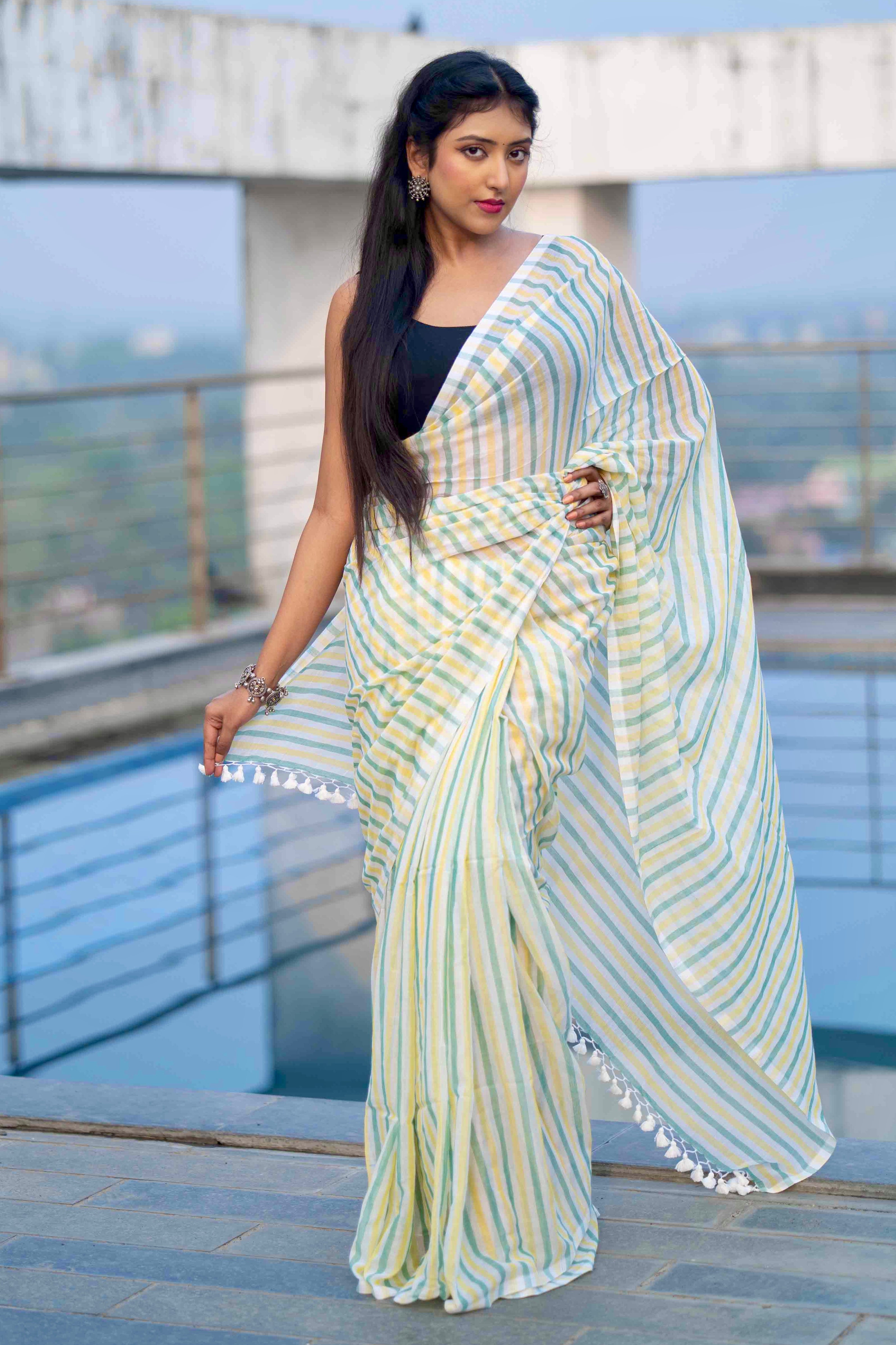 White Mulmul Cotton Saree with Multicolour Stripes