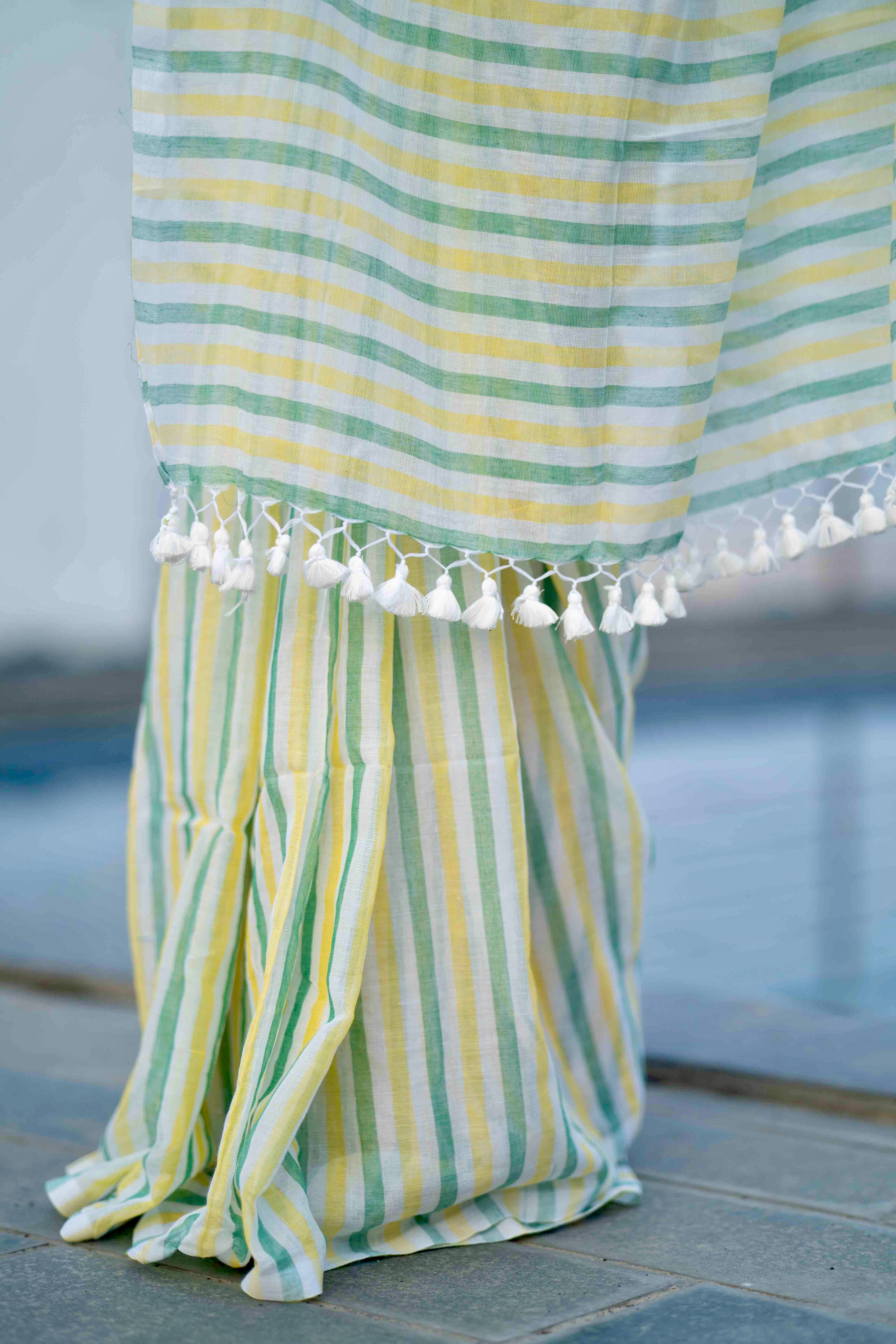 White Mulmul Cotton Saree with Multicolour Stripes
