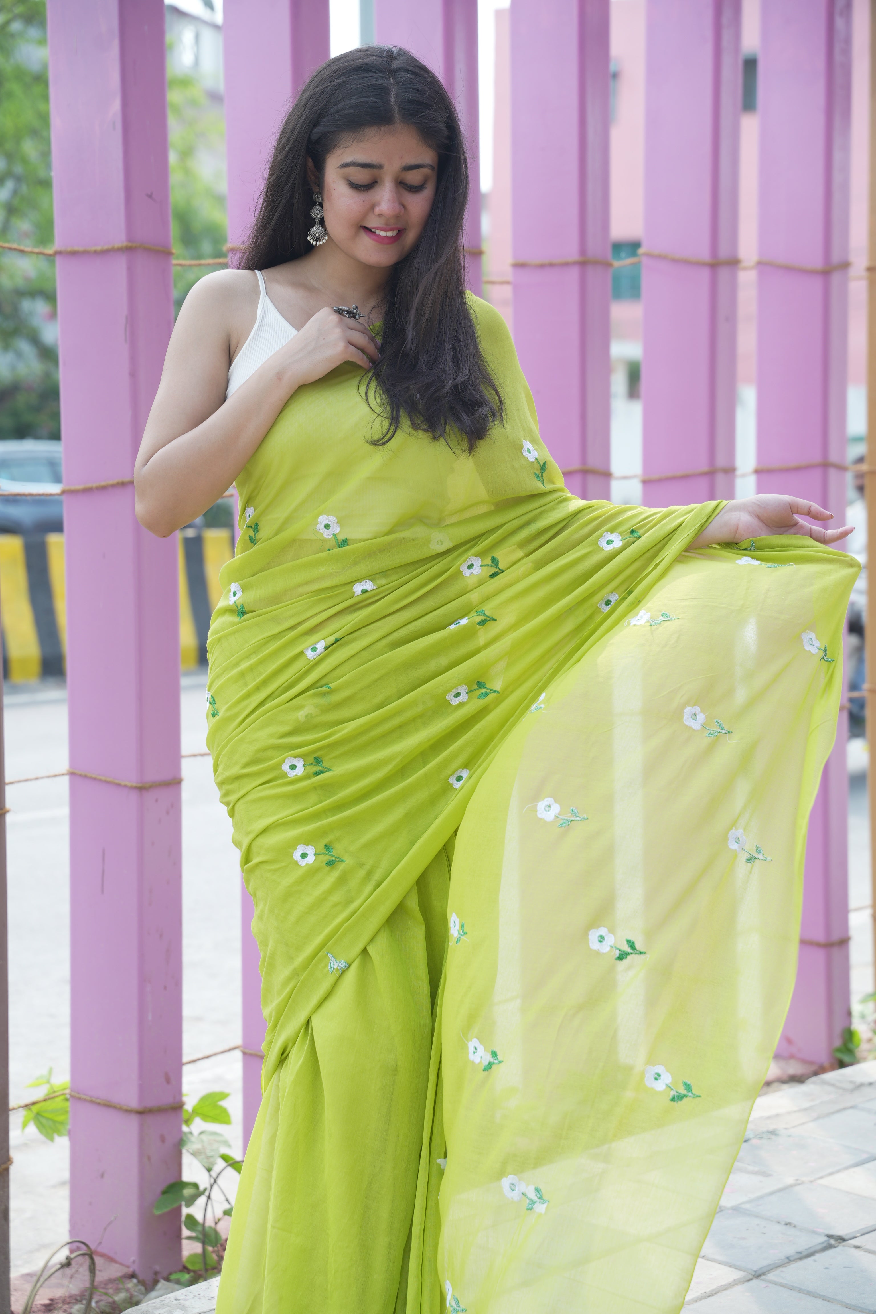 Lime green floral embroidery mulmul cotton saree all over embroidery