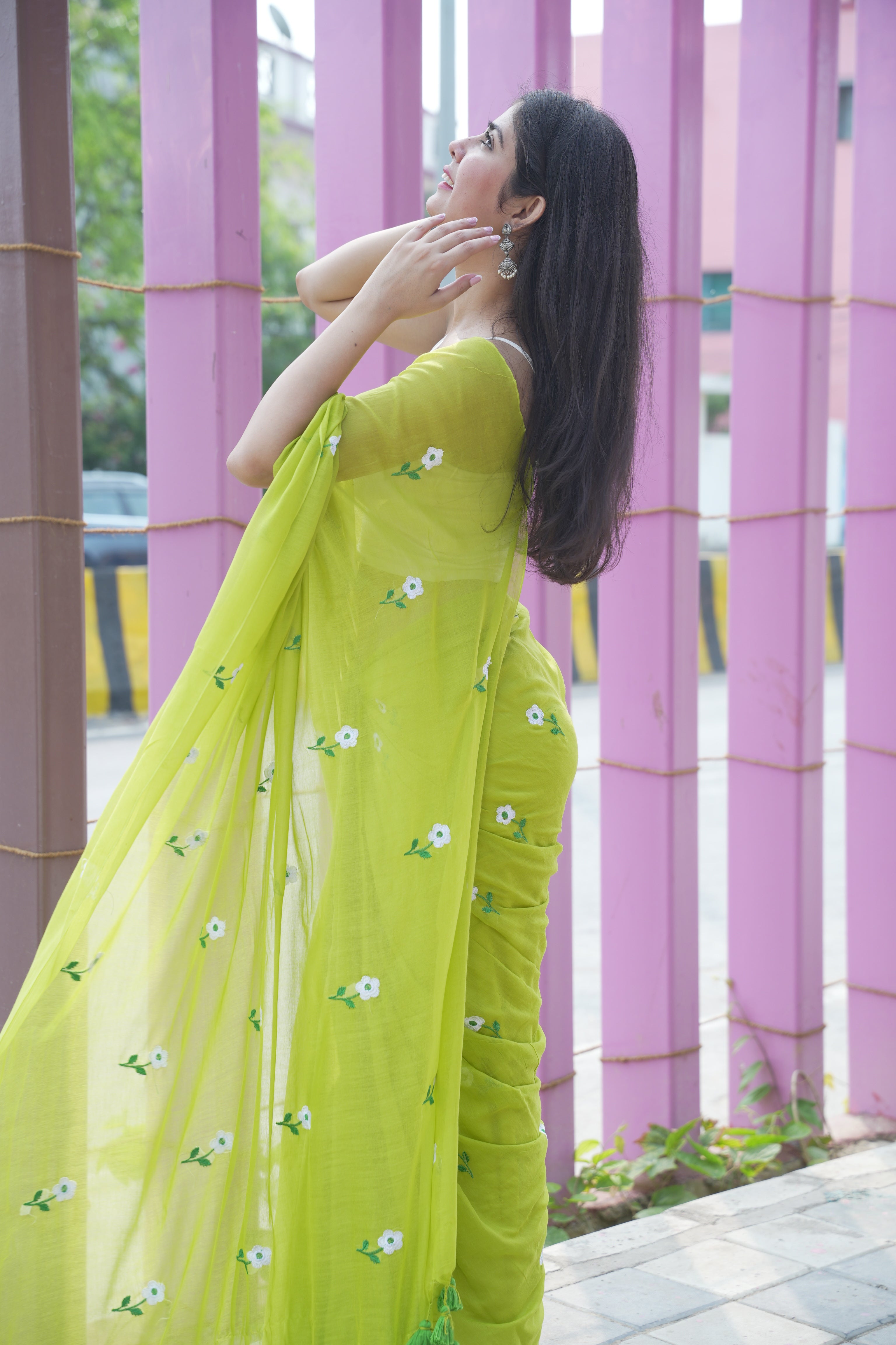 Lime green floral embroidery mulmul cotton saree all over embroidery