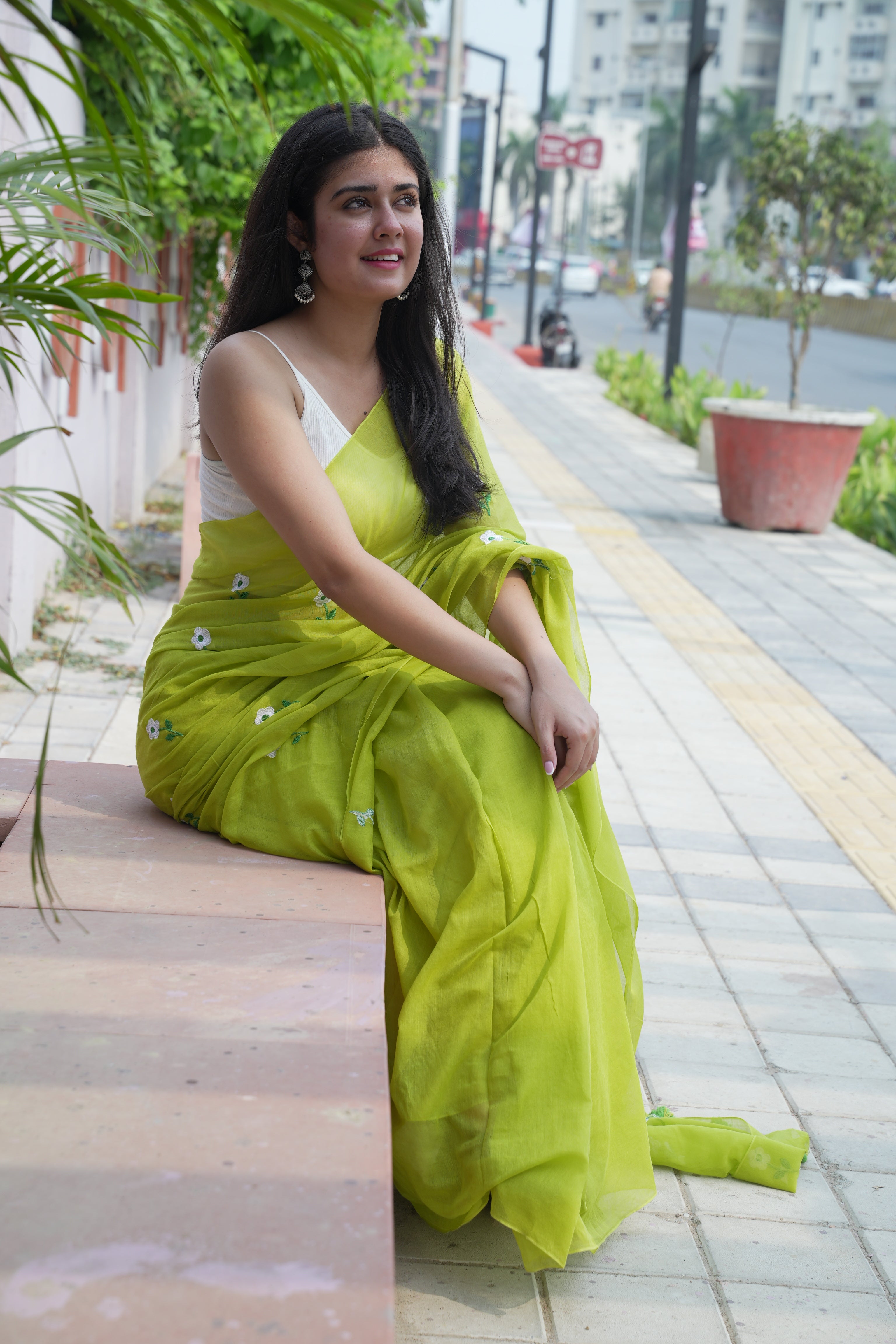 Lime green floral embroidery mulmul cotton saree all over embroidery