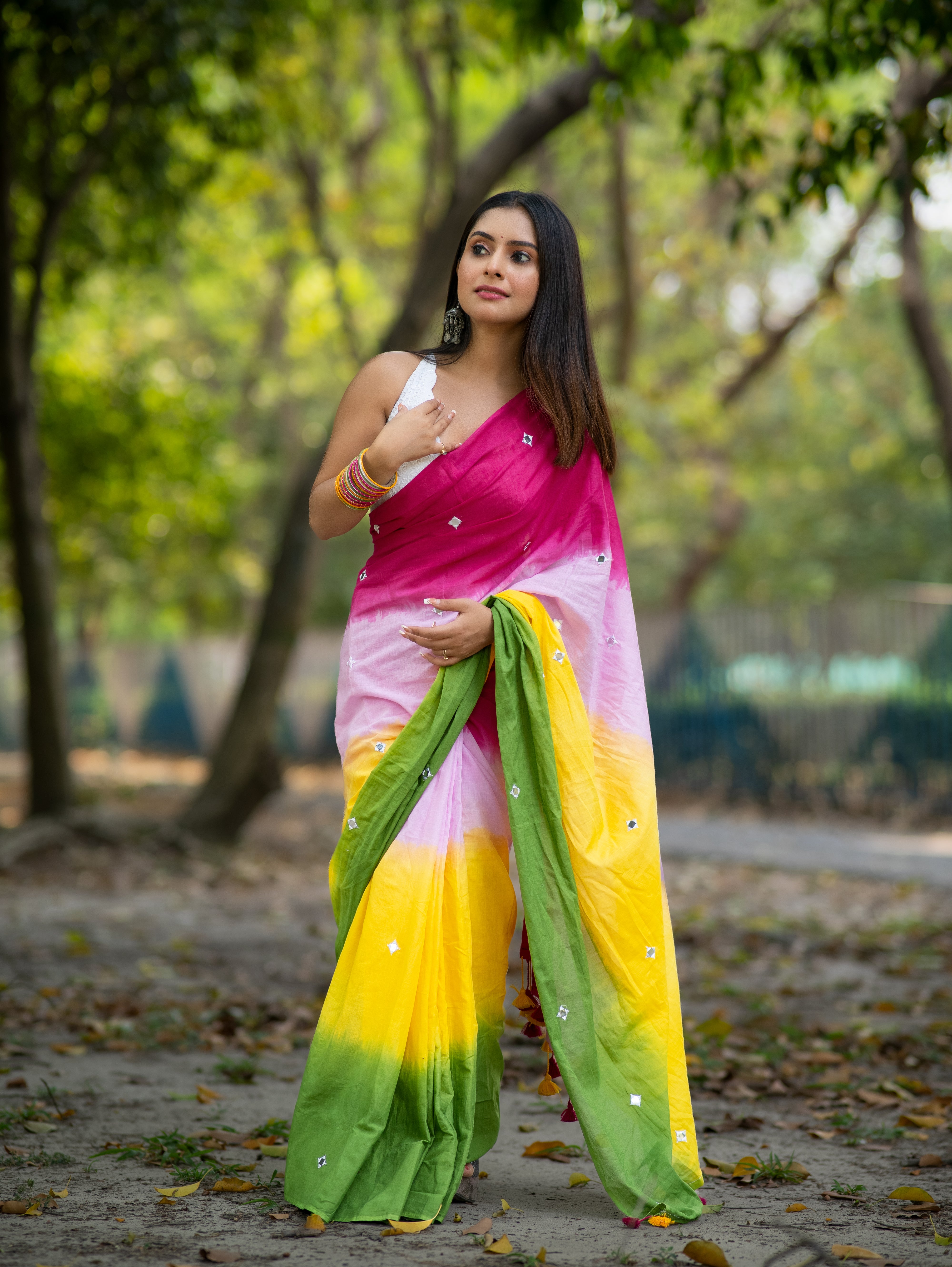Multicolour Pure Mul Cotton Mirror Work Saree with blouse piece