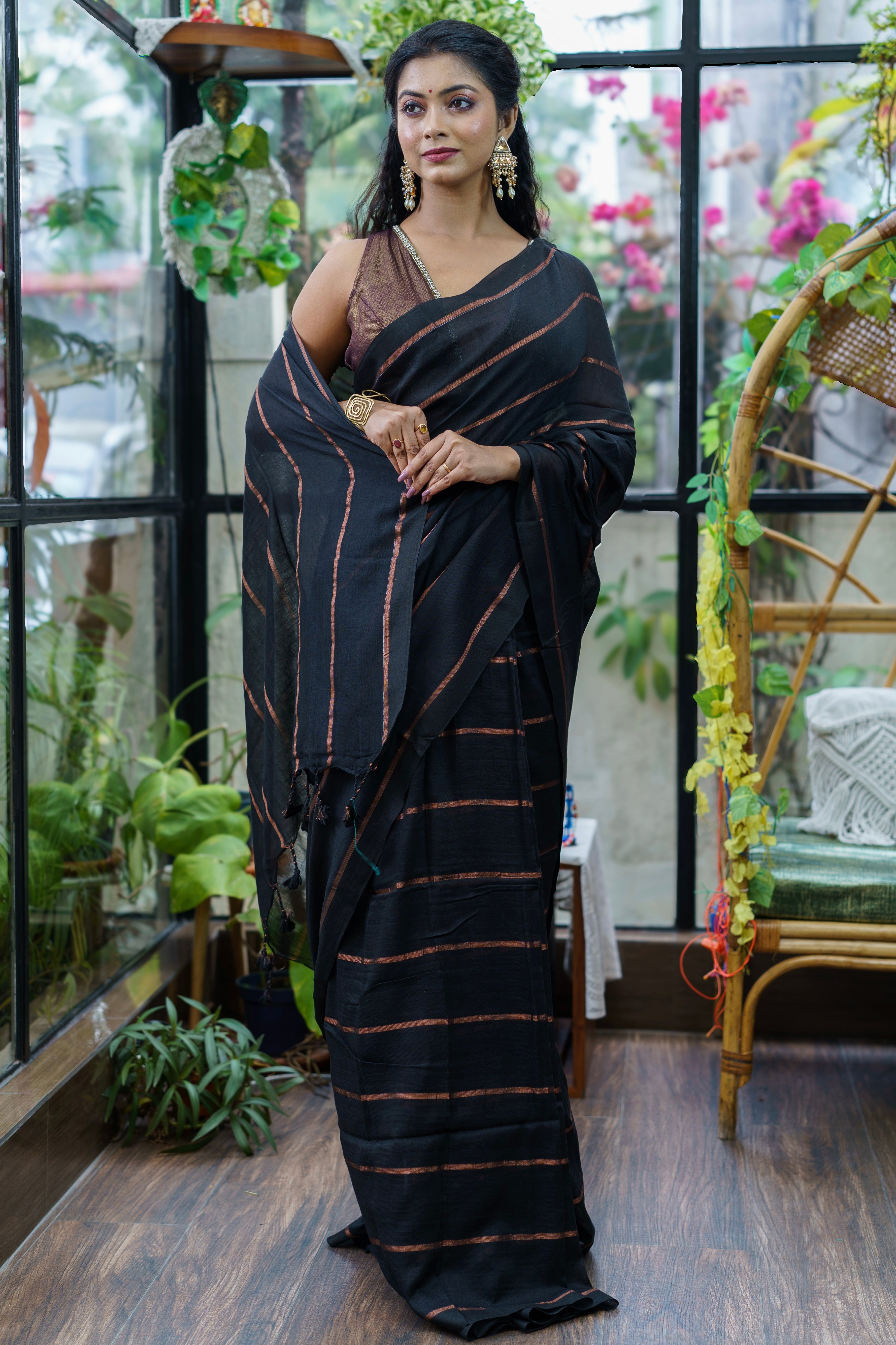 Black golden stripes soft cotton saree with blouse piece