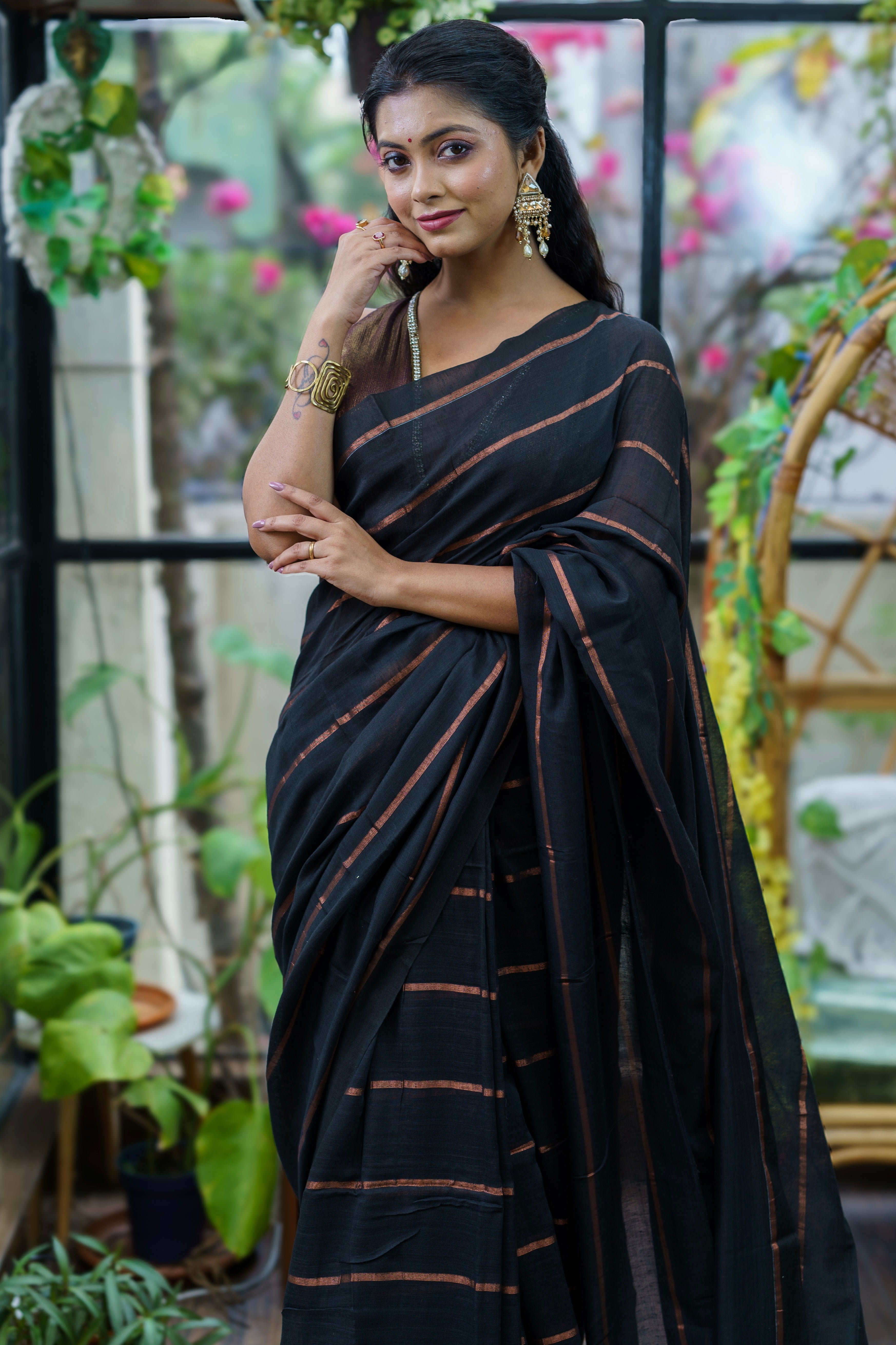 Black golden stripes soft cotton saree with blouse piece