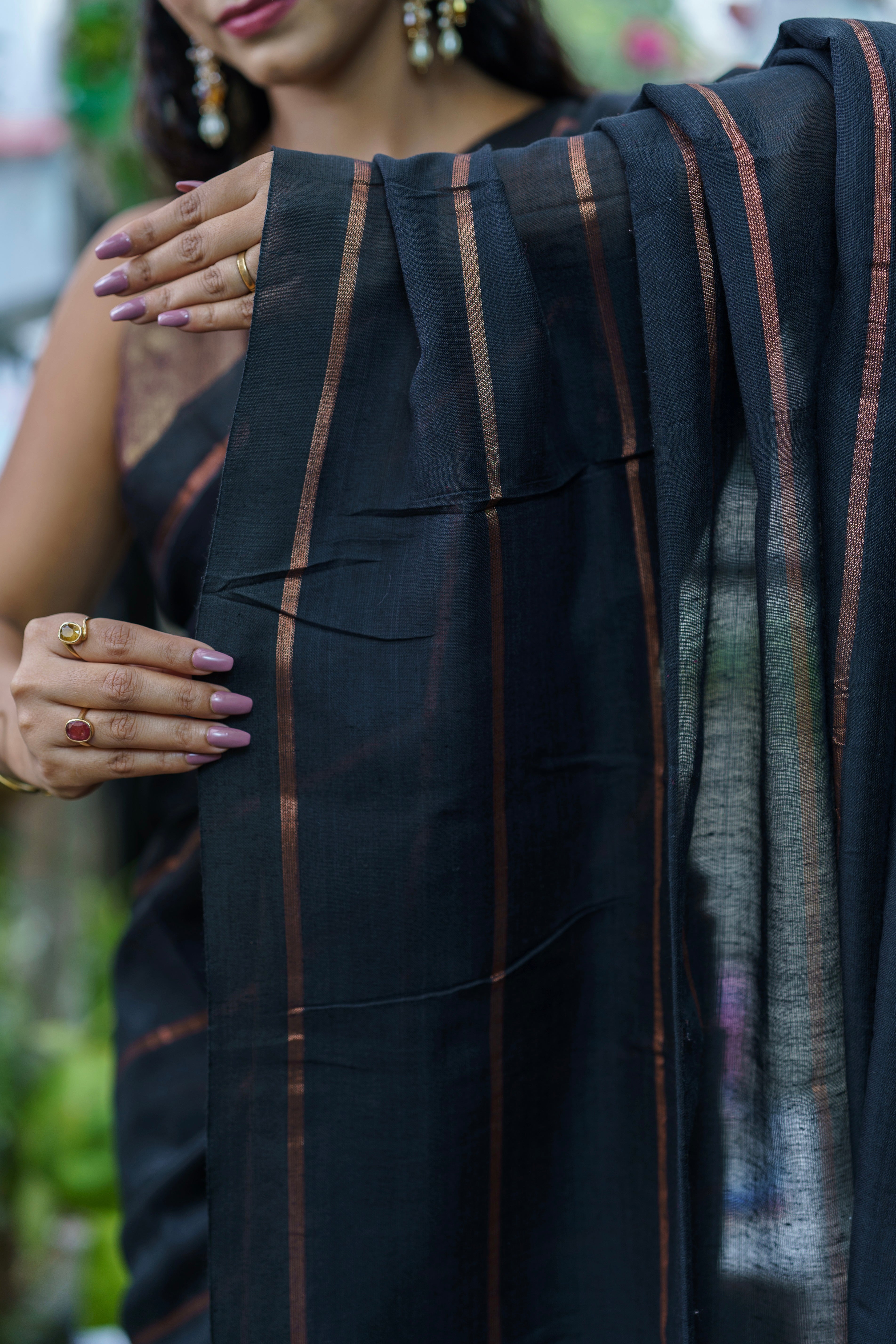 Black golden stripes soft cotton saree with blouse piece