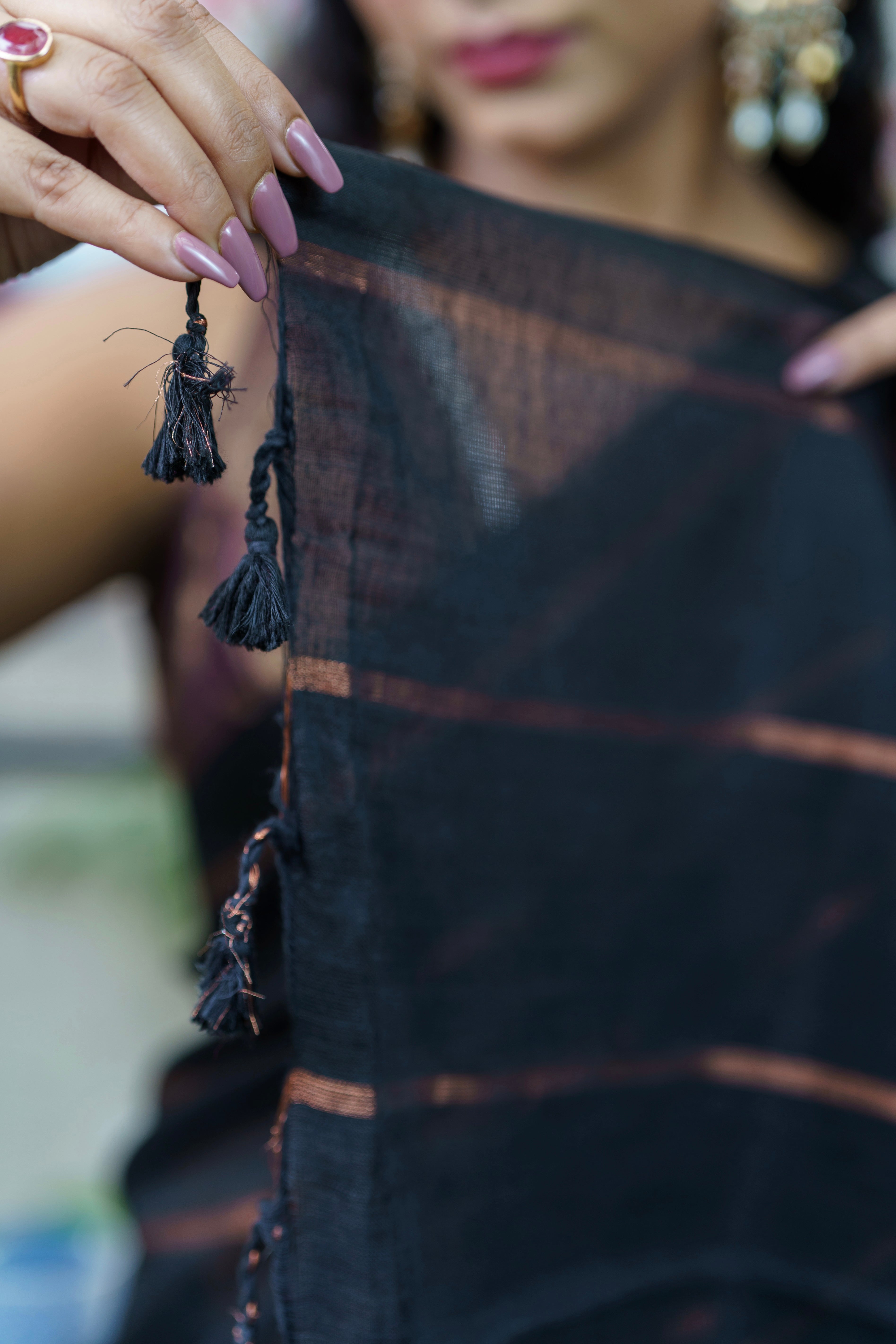 Black golden stripes soft cotton saree with blouse piece