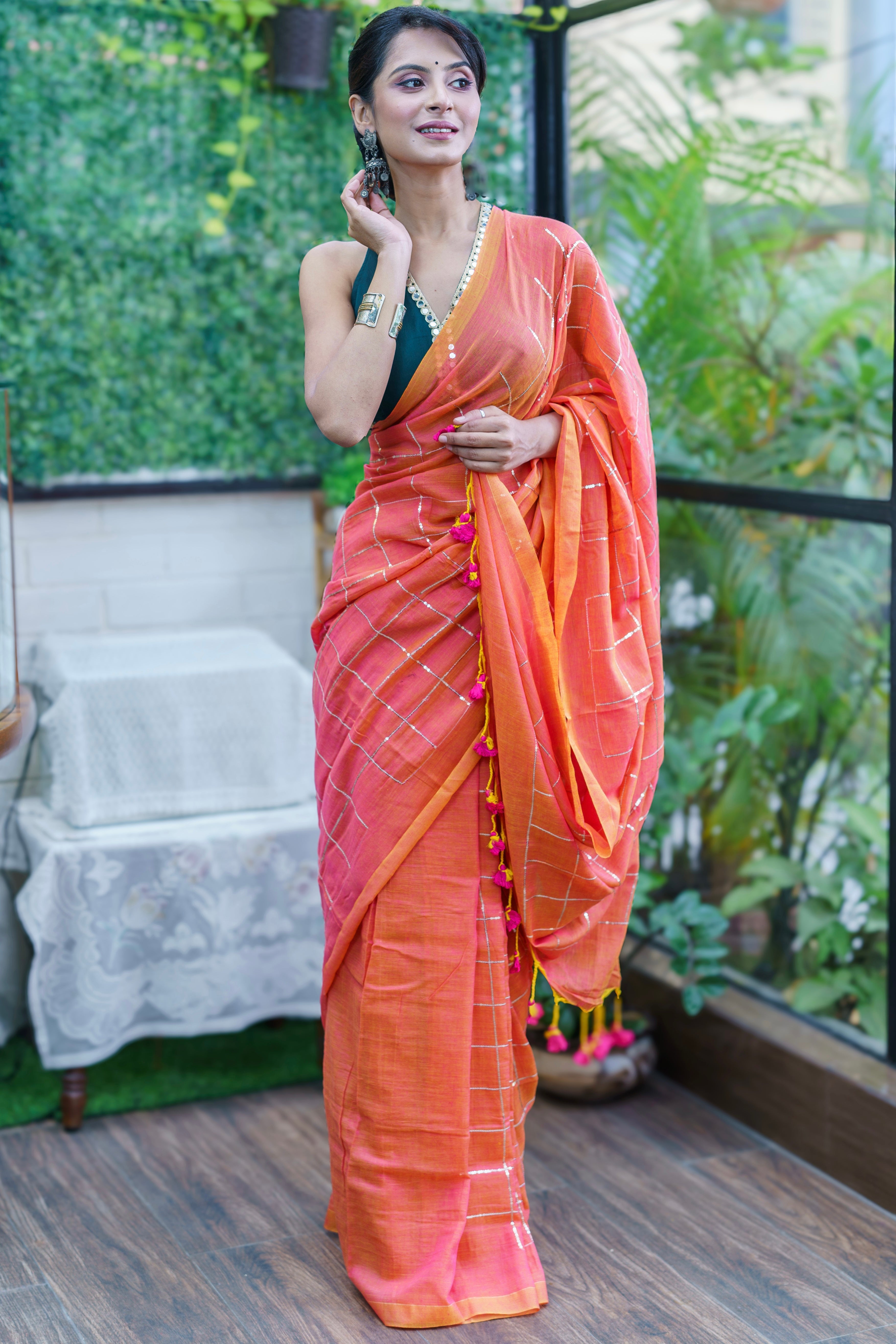 Peach pure khadi cotton sequence work saree