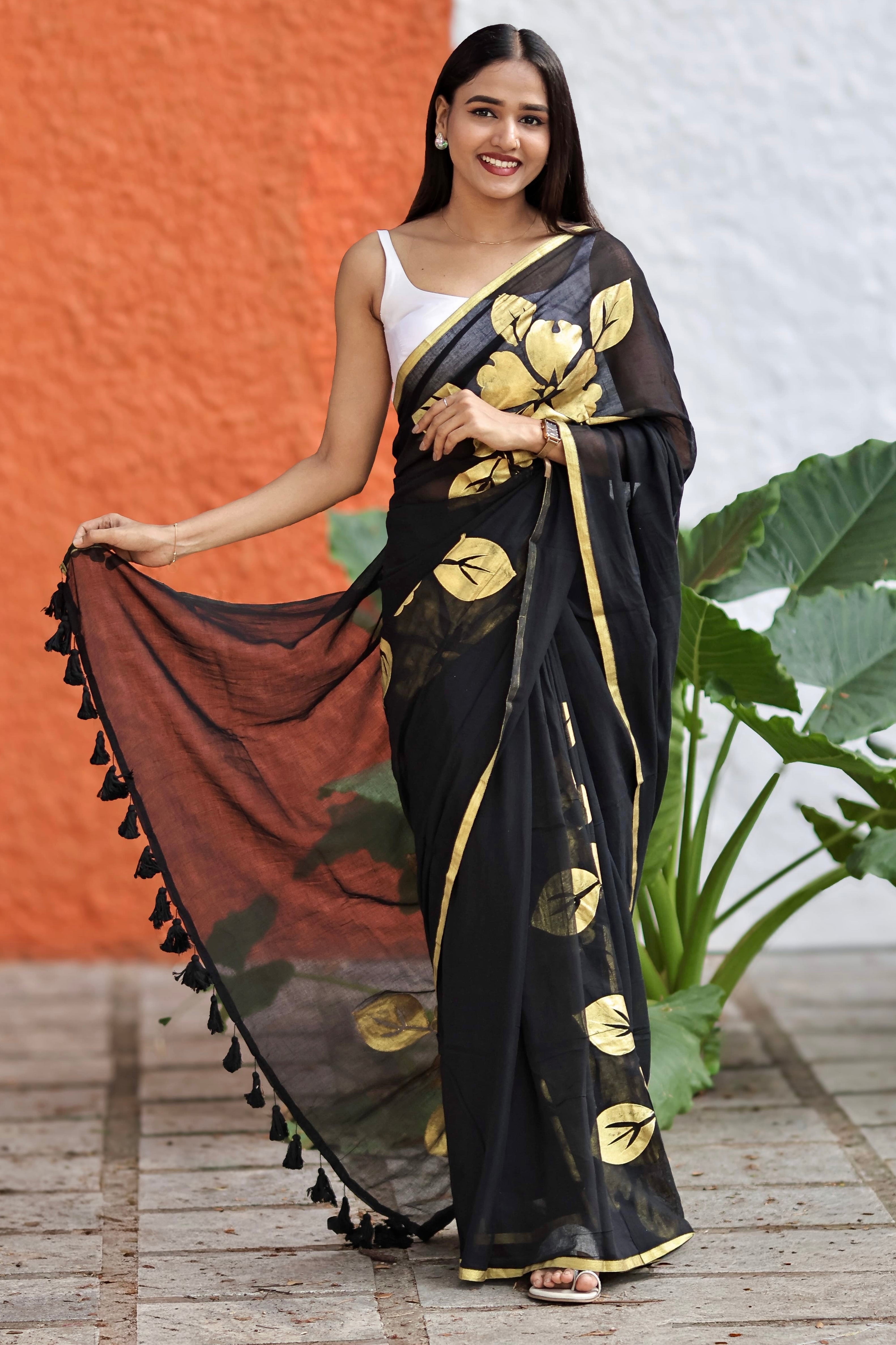 Premium Black Flower Gold Printed Mulmul Cotton Saree