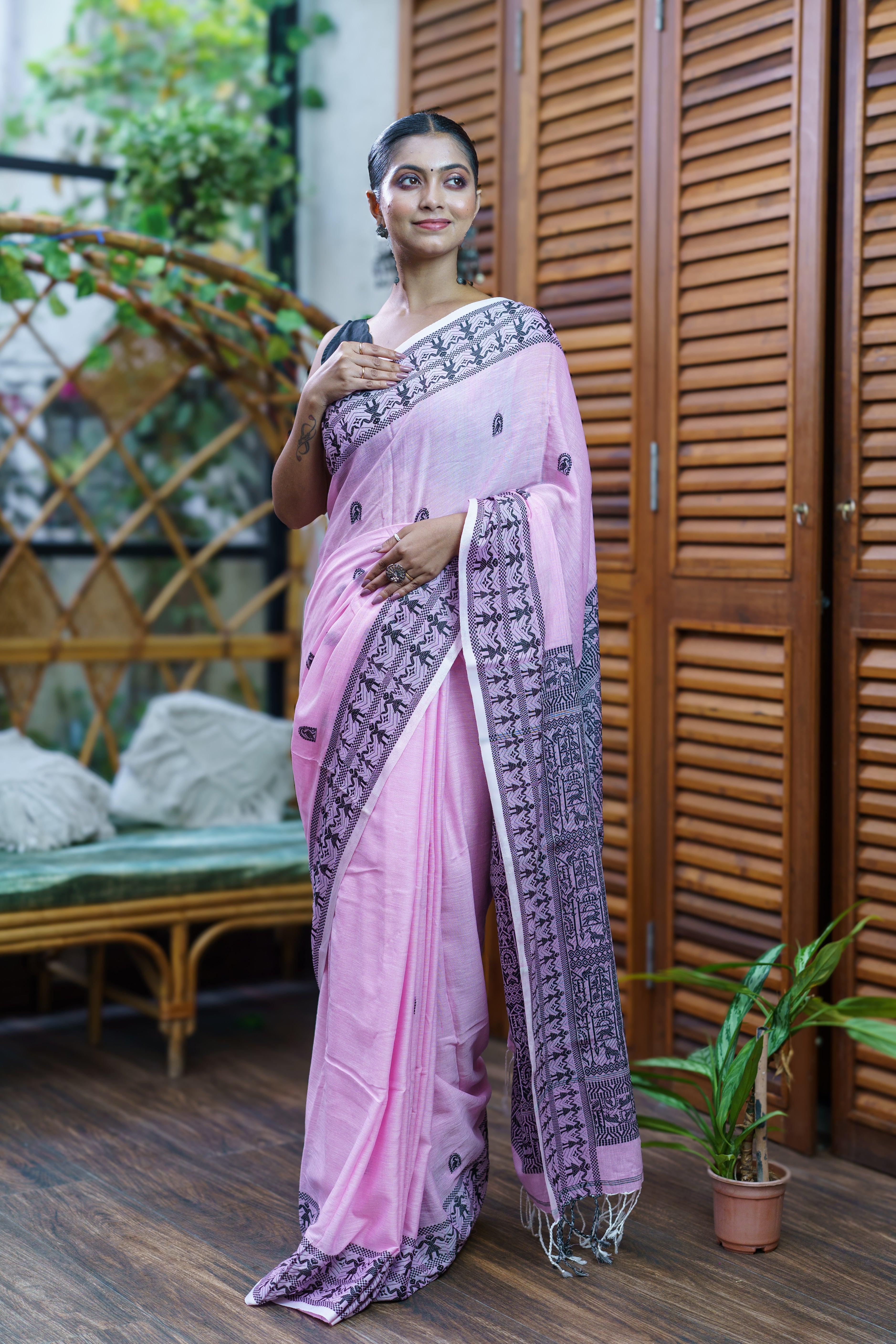Pink & Black Pure Mashrise Cotton Hand Weaving Saree