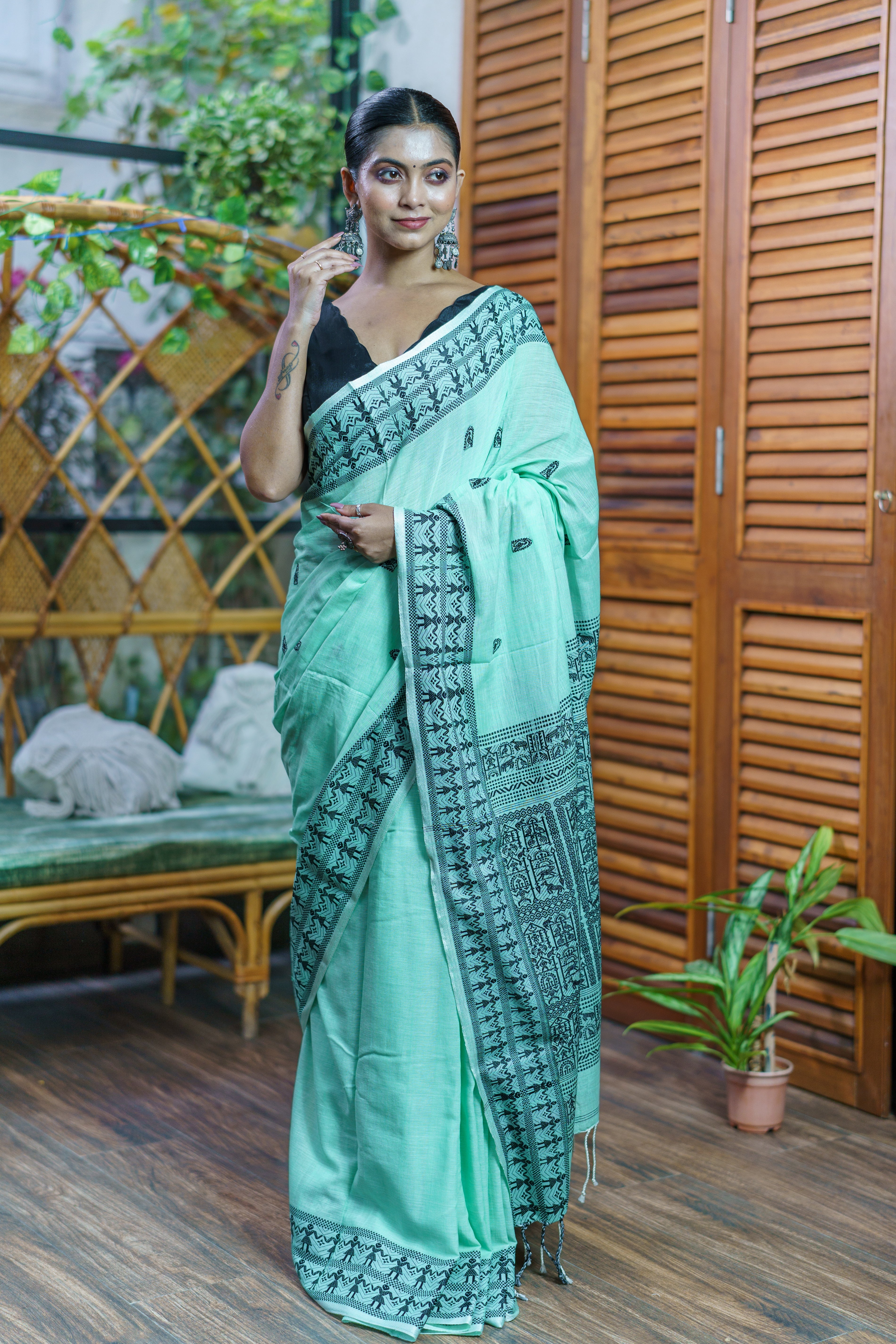 Pistachio & Black Pure Mashrise Cotton Hand Weaving Saree