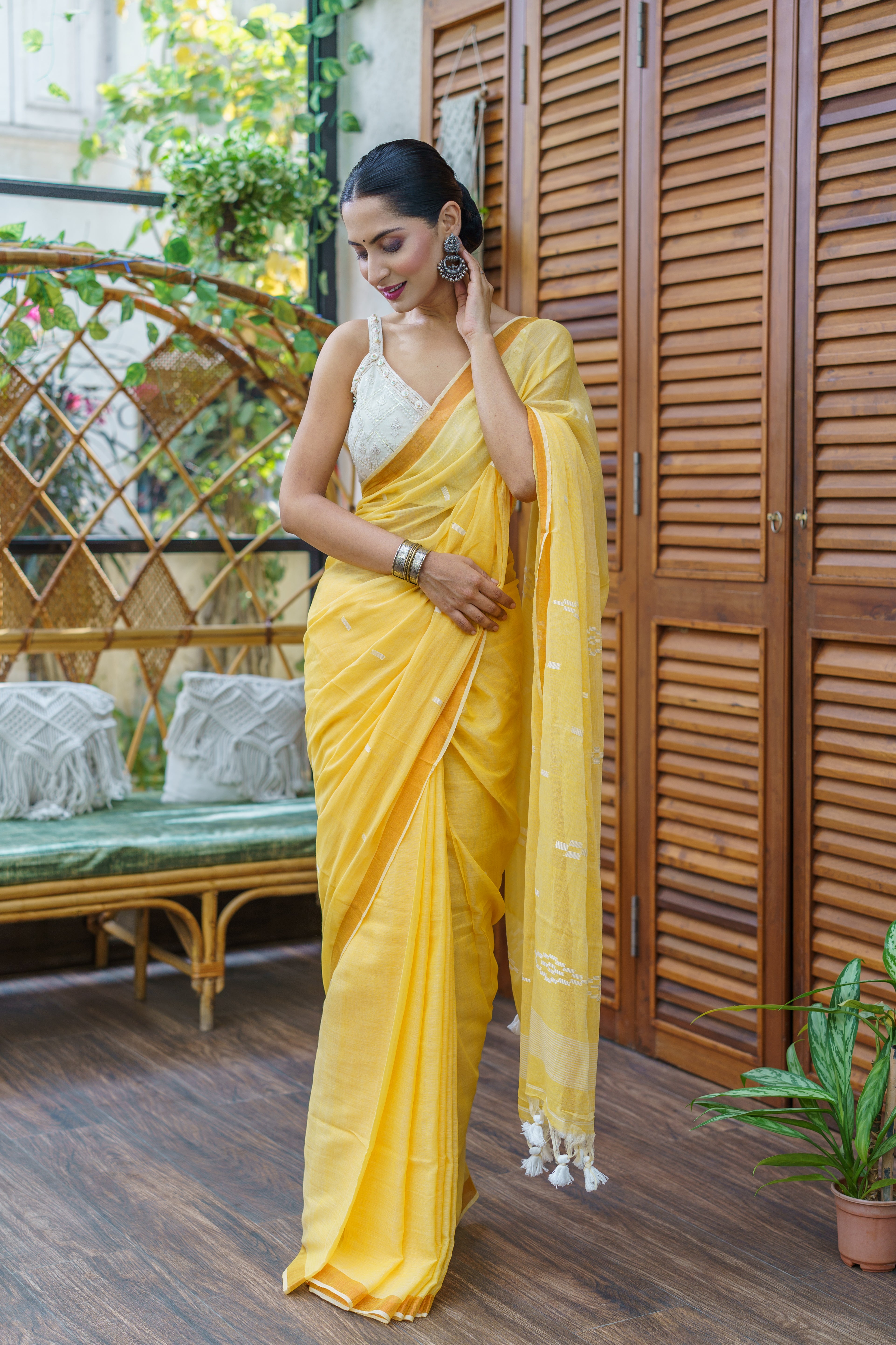 Hand Weaving Mulmul Cotton Saree- Yellow