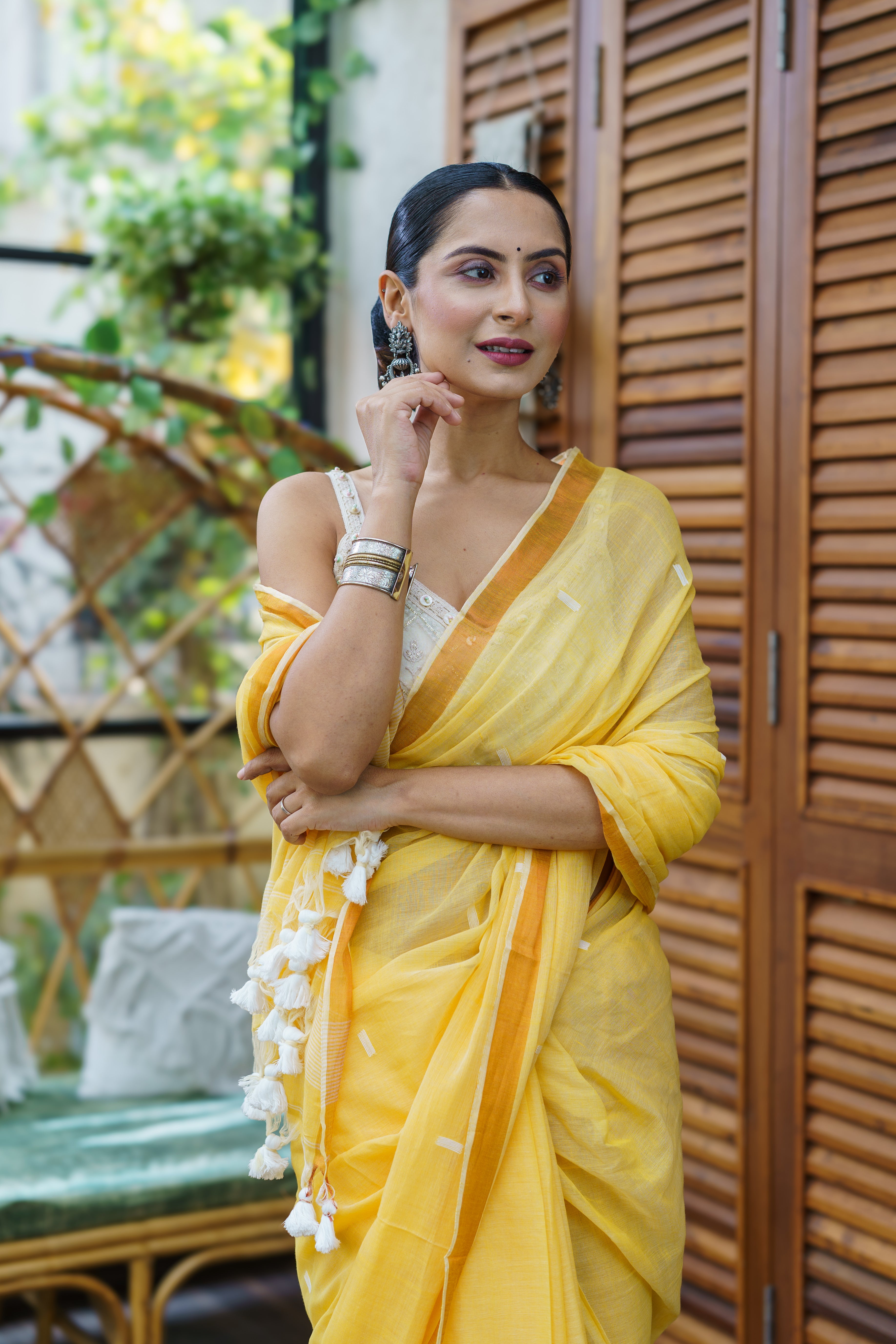 Hand Weaving Mulmul Cotton Saree- Yellow