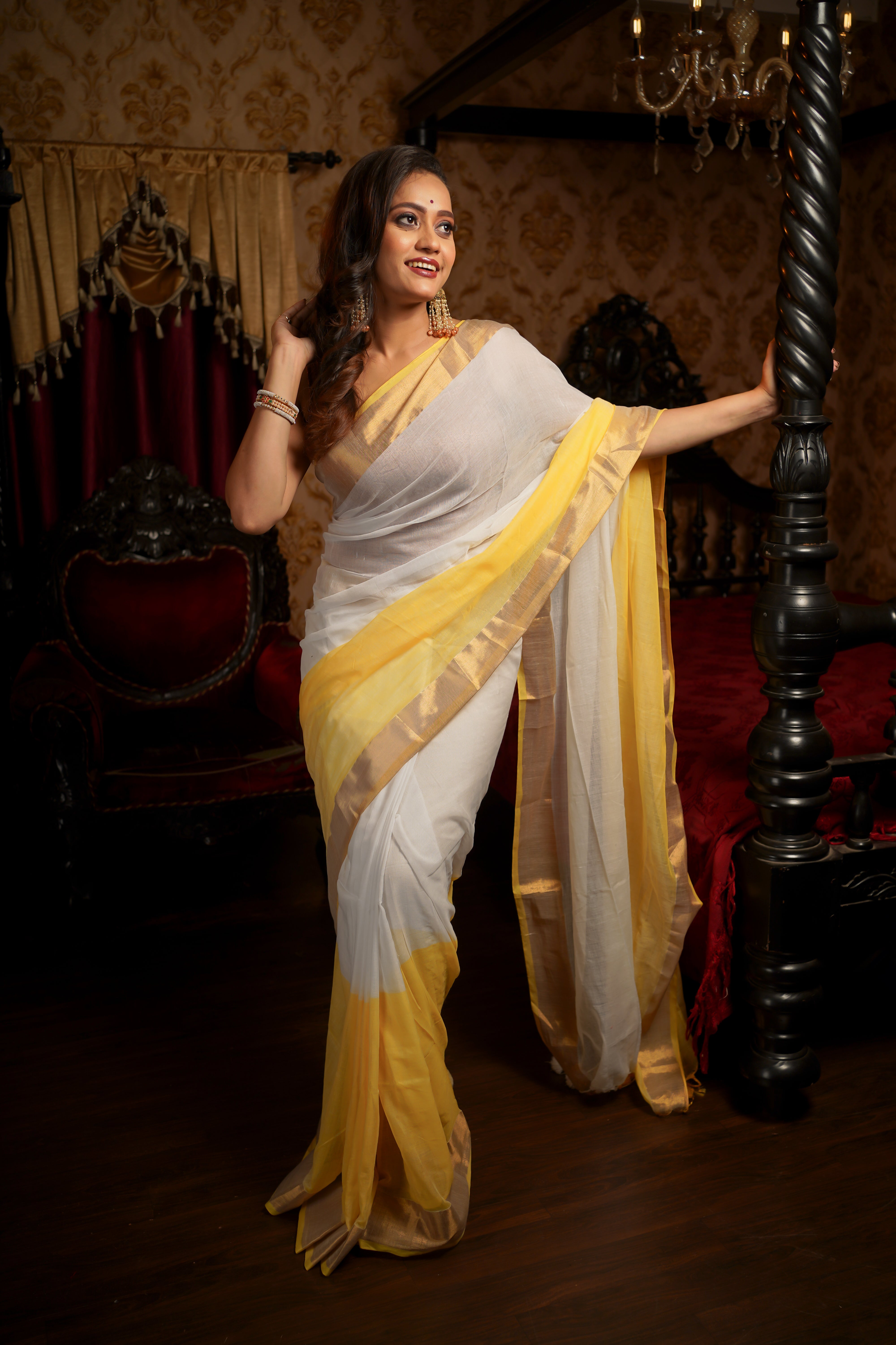 White & Yellow Rangriti Pure Mul Mul Cotton Saree with blouse piece