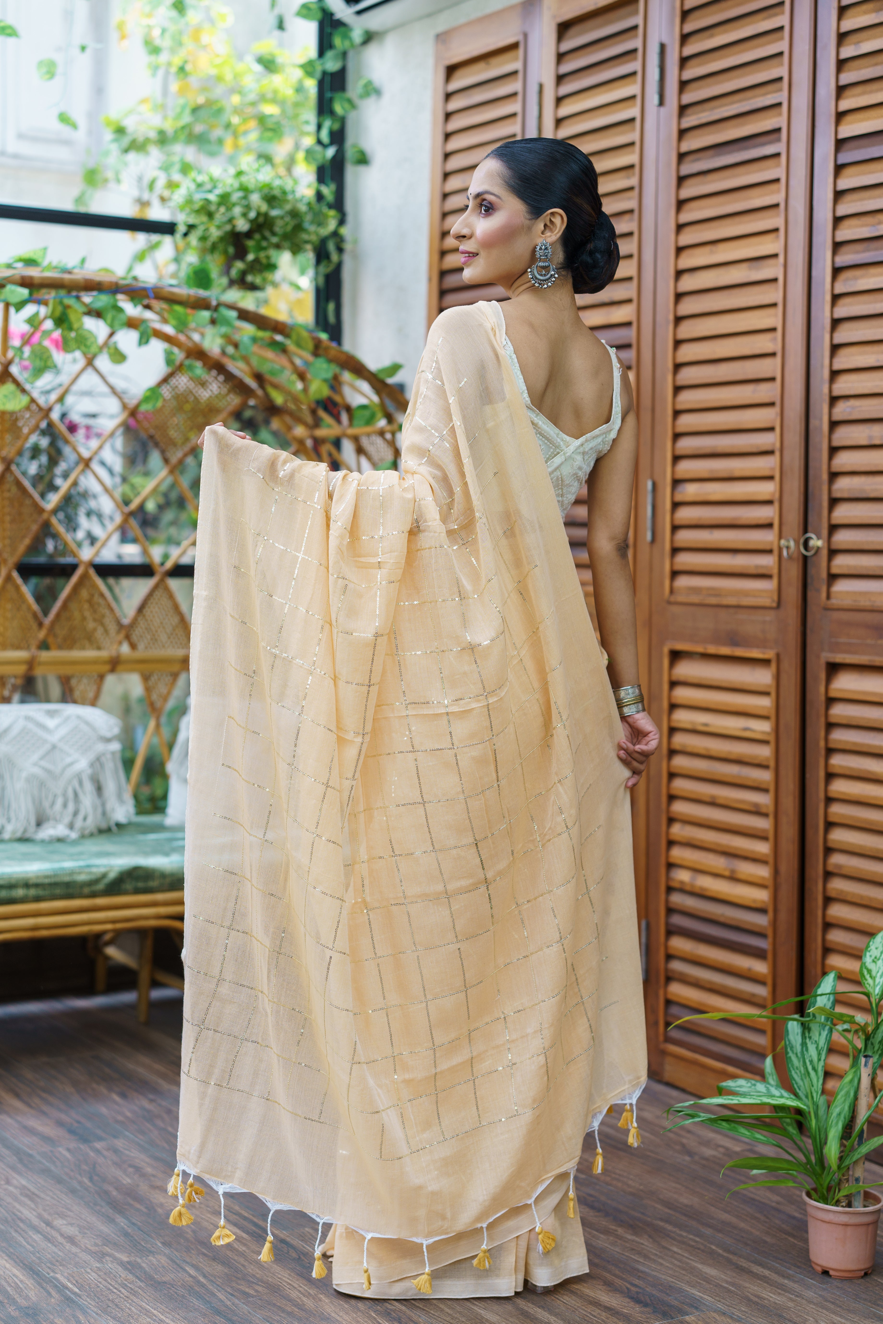 Almond pure khadi cotton sequence work saree