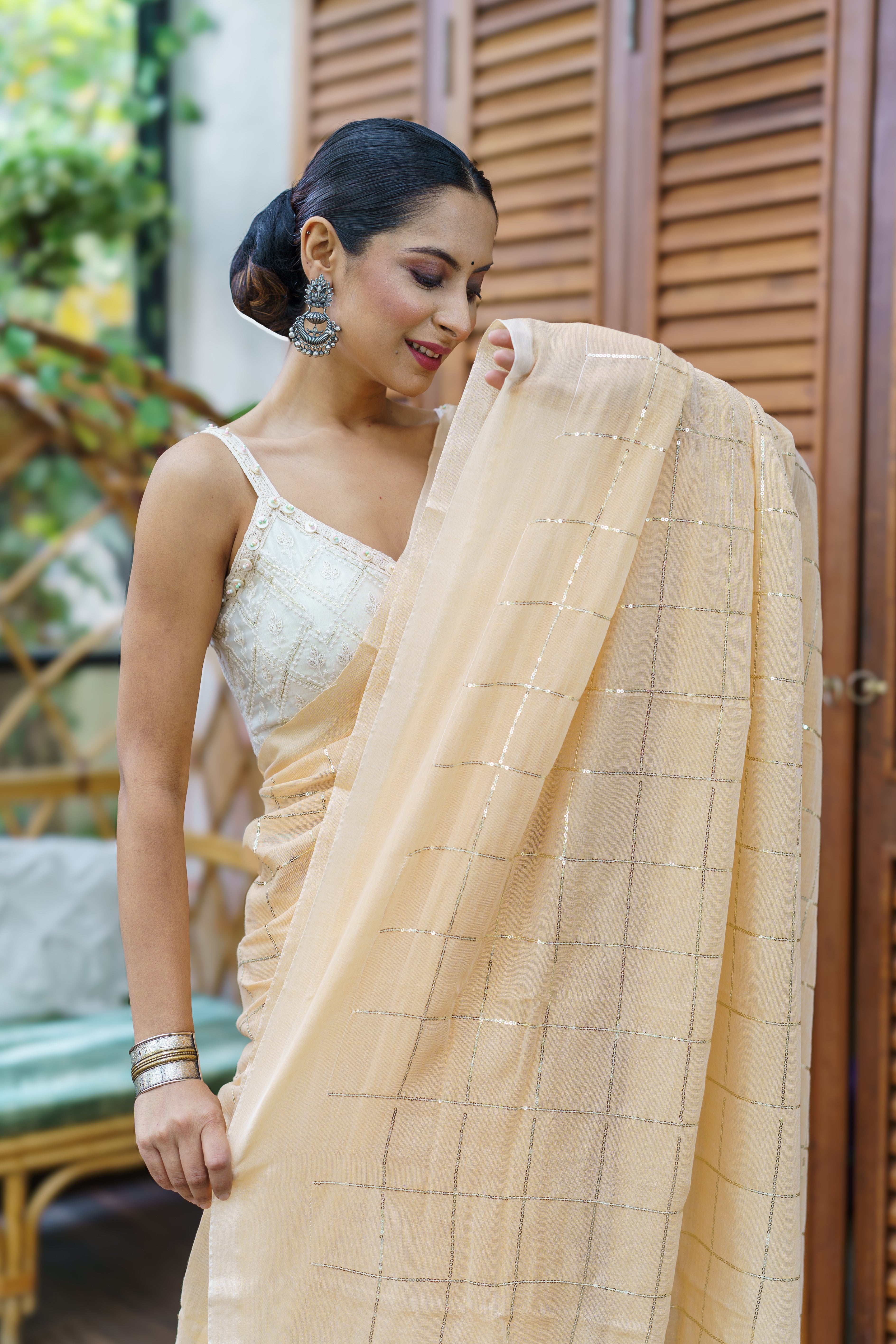 Almond pure khadi cotton sequence work saree