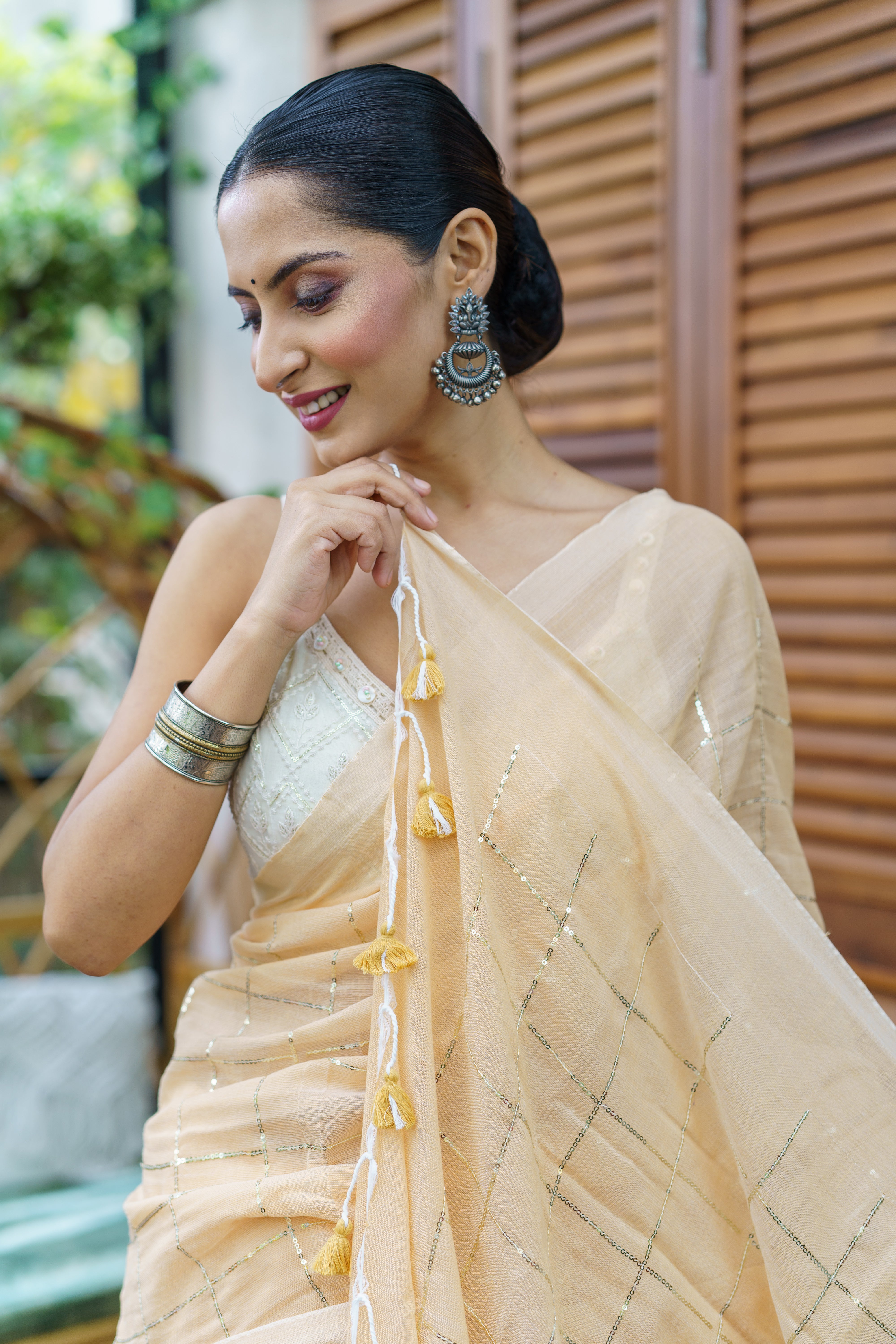 Almond pure khadi cotton sequence work saree