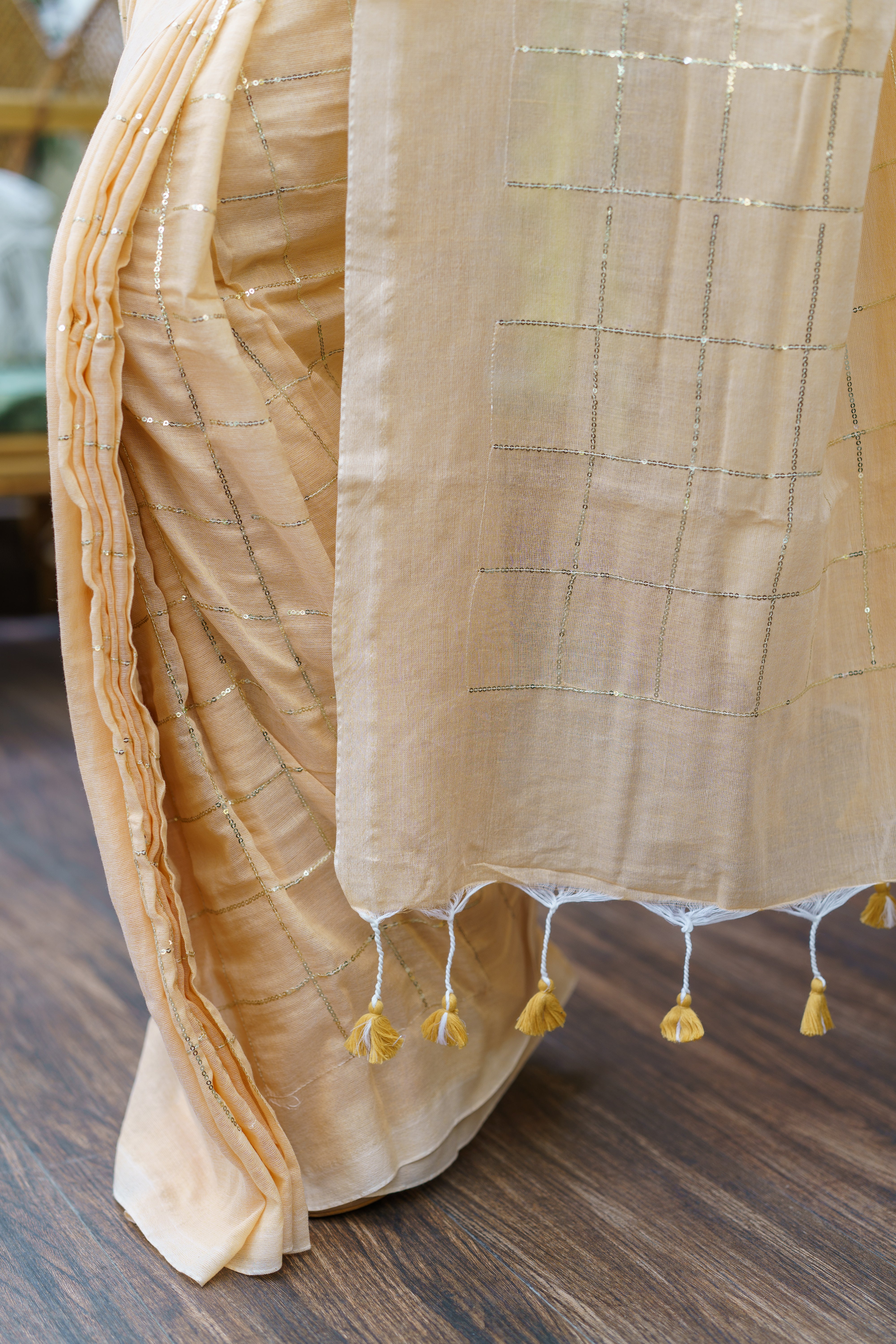 Almond pure khadi cotton sequence work saree