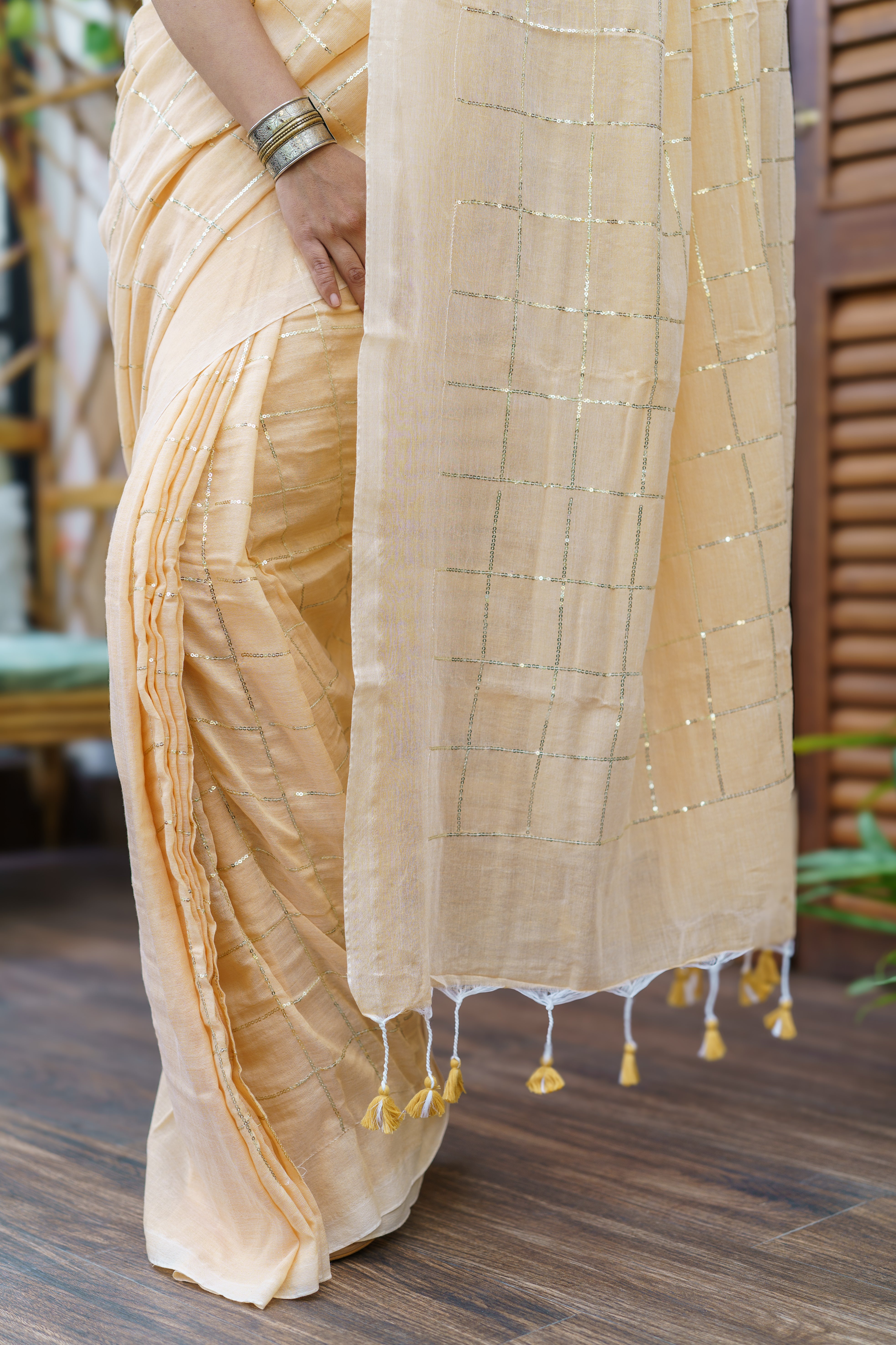 Almond pure khadi cotton sequence work saree