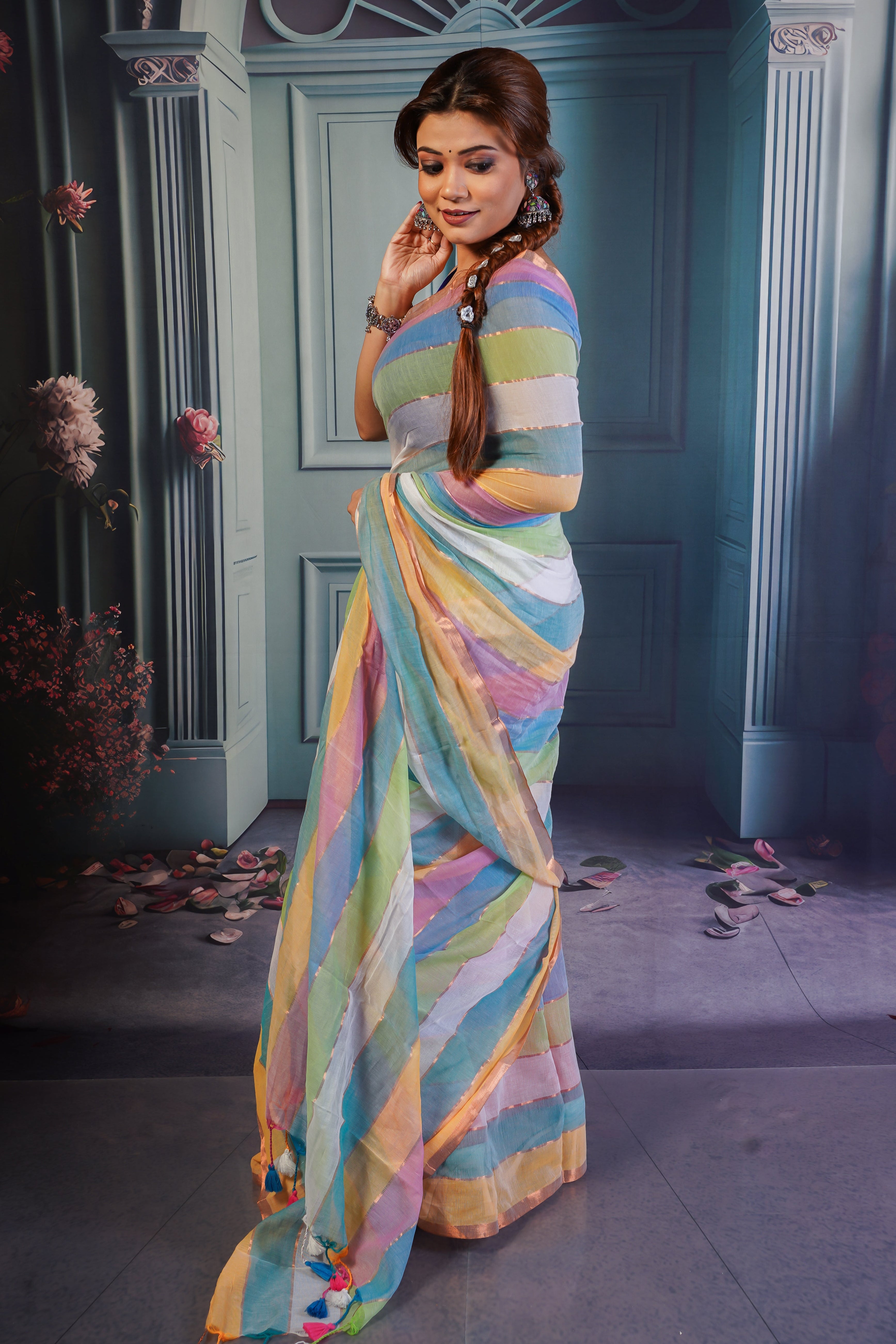 Multicolour Rainbow Mul Mul Cotton Saree with Blouse piece