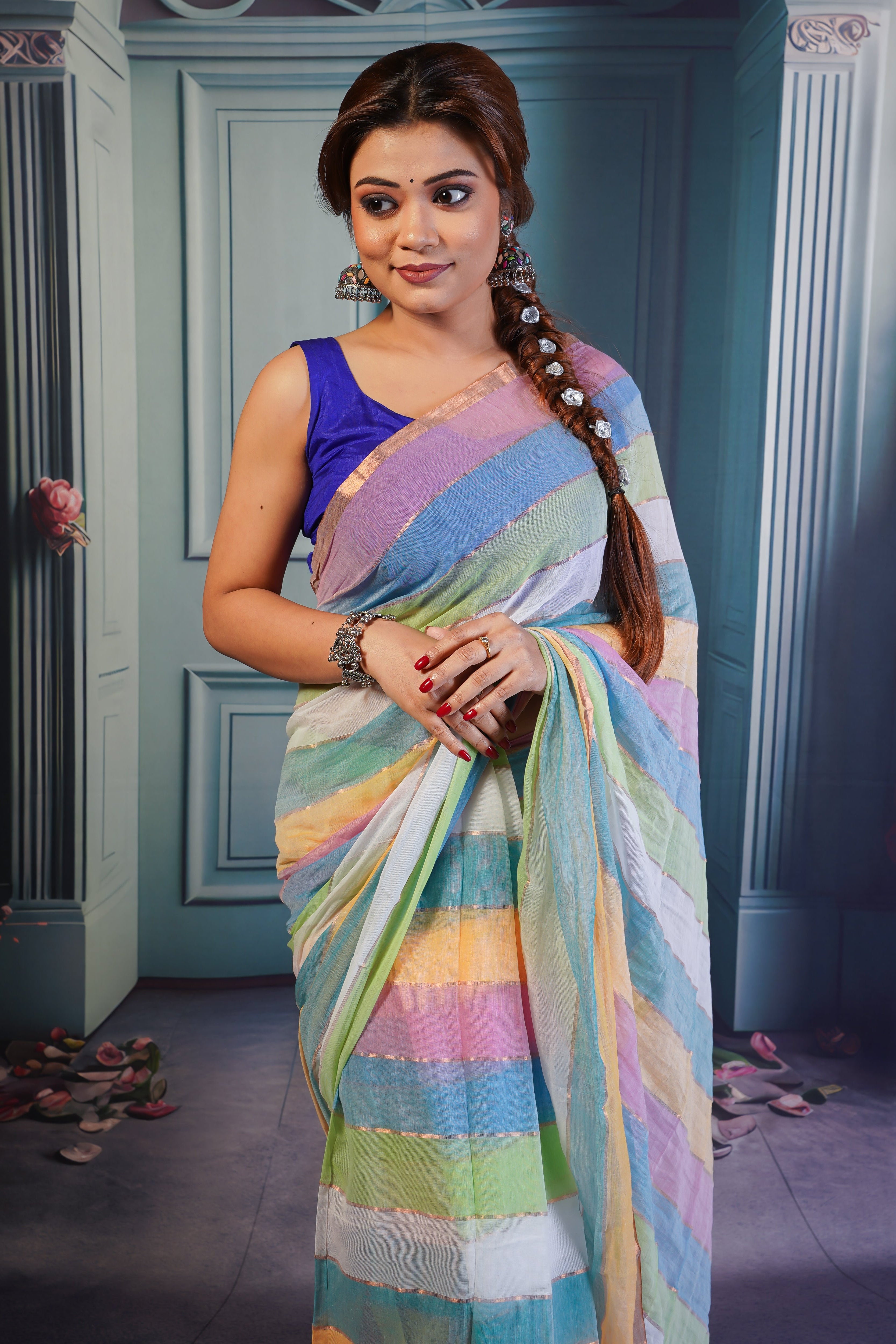 Multicolour Rainbow Mul Mul Cotton Saree with Blouse piece
