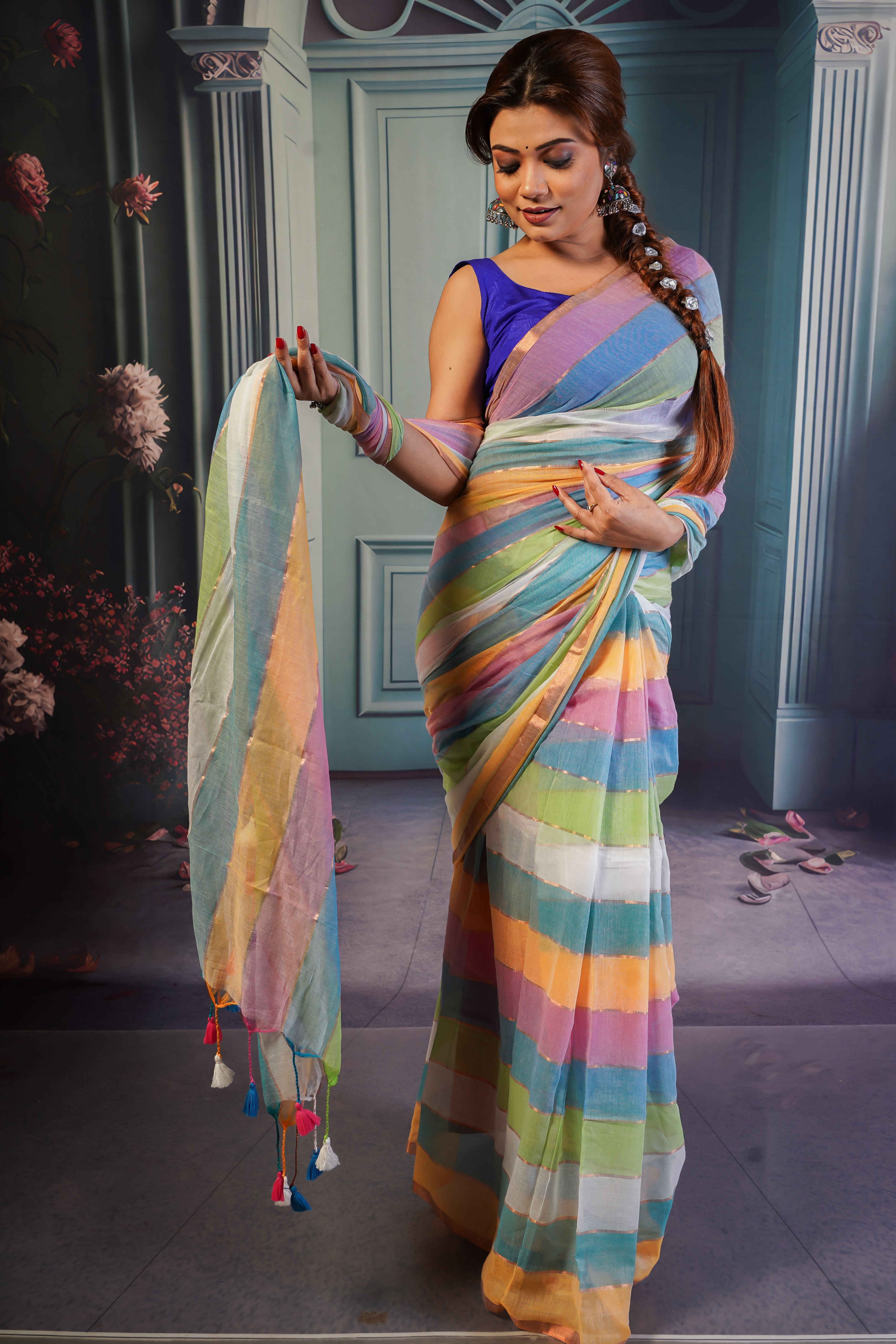 Multicolour Rainbow Mul Mul Cotton Saree with Blouse piece