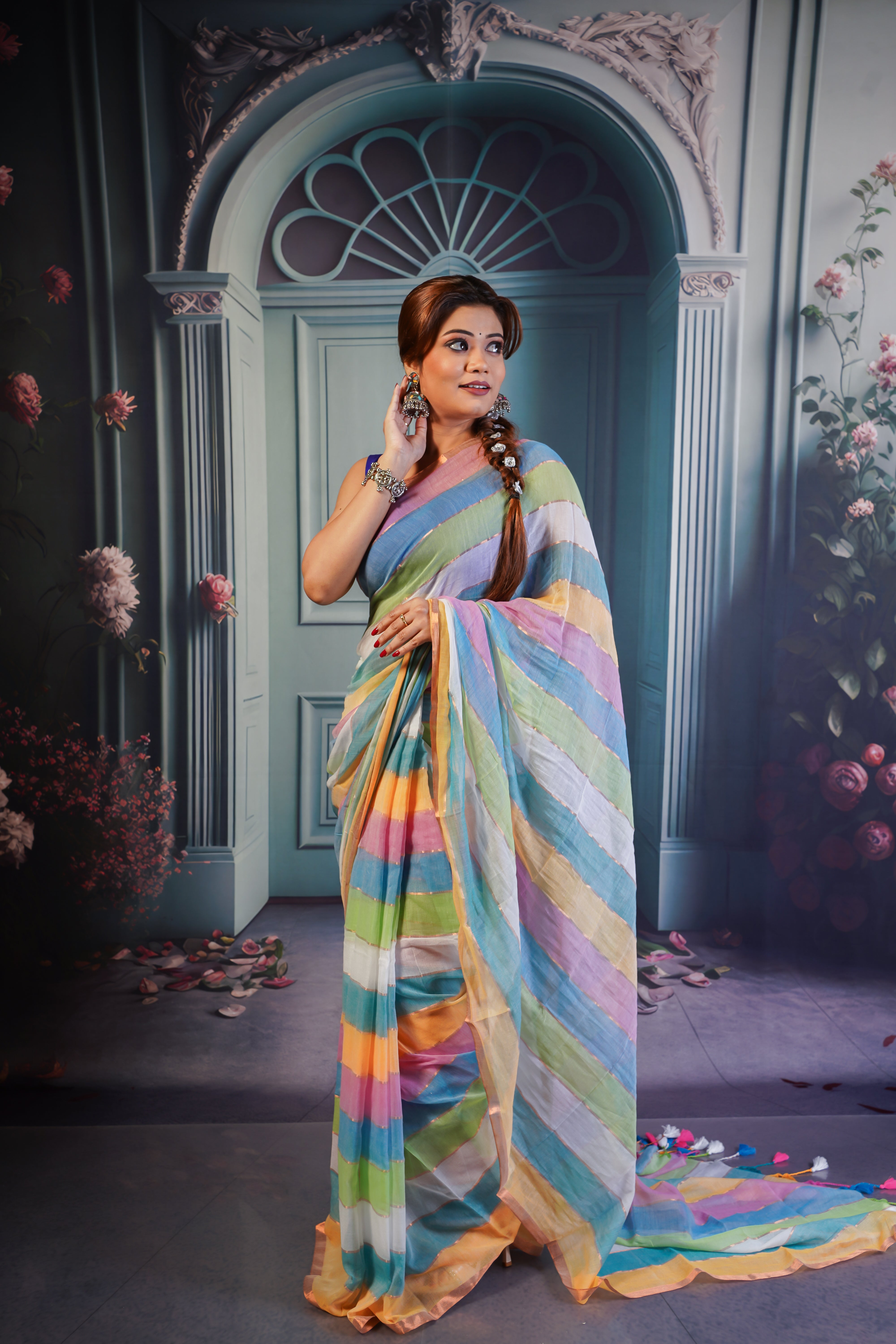 Multicolour Rainbow Mul Mul Cotton Saree with Blouse piece