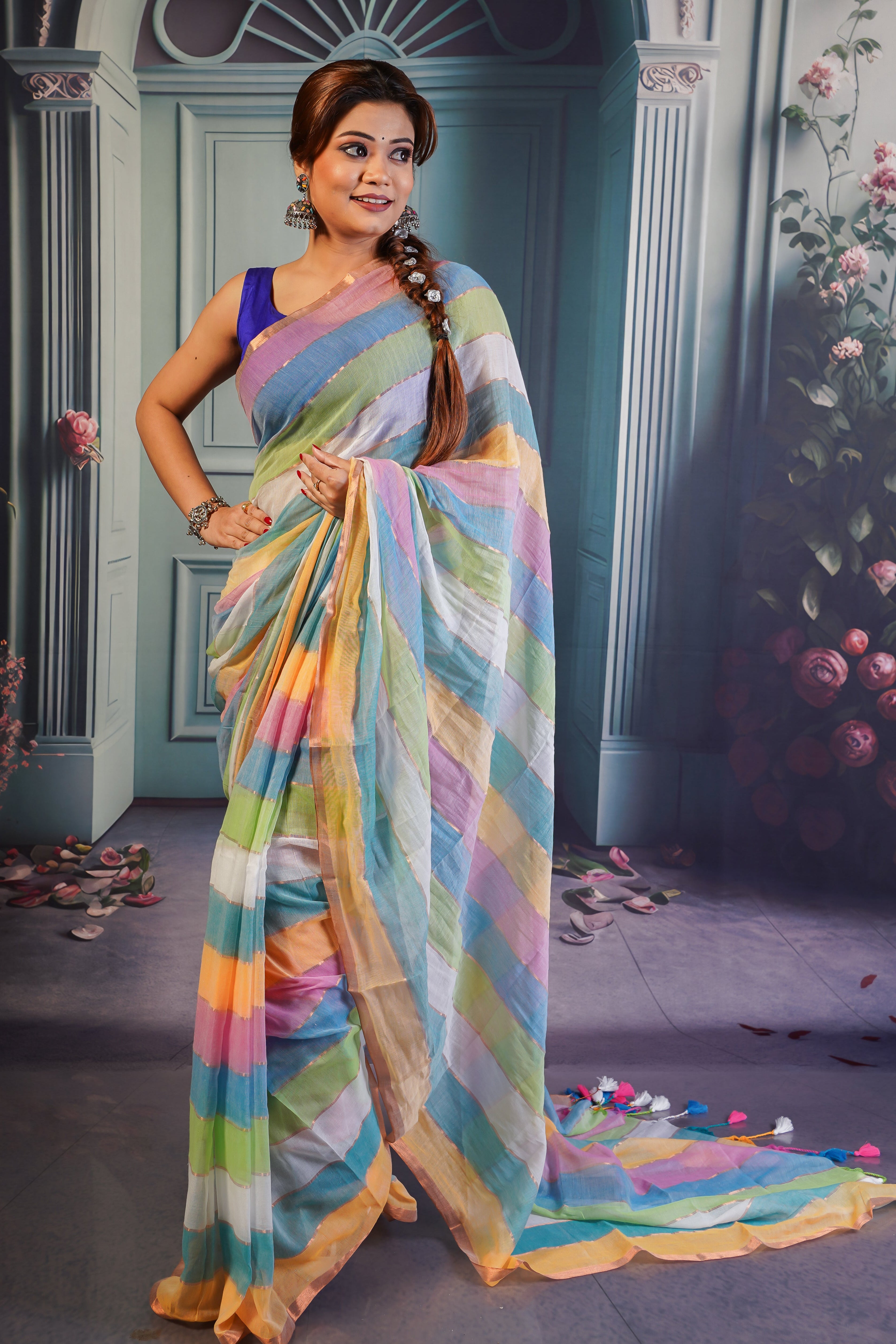 Multicolour Rainbow Mul Mul Cotton Saree with Blouse piece