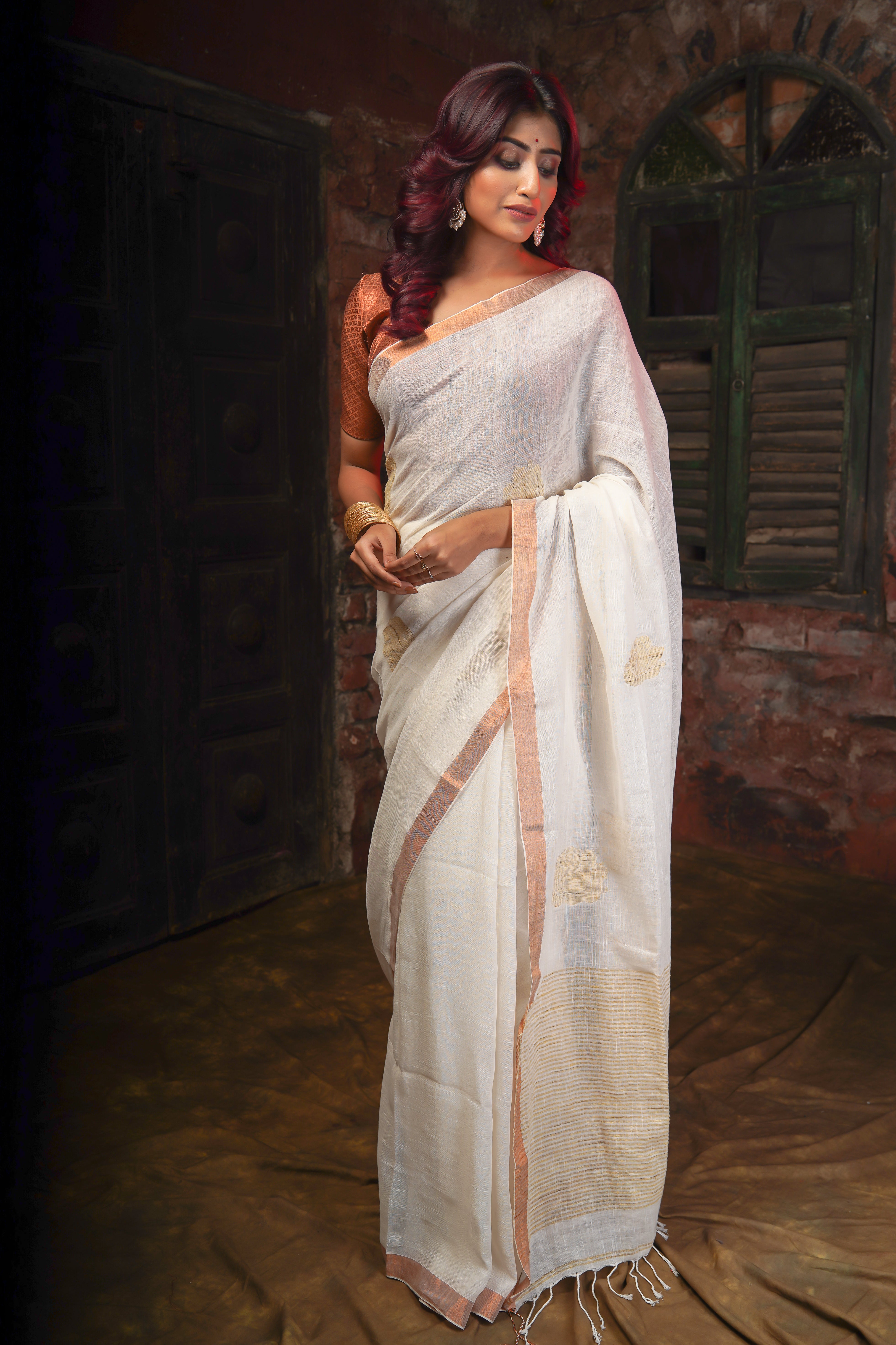 White rose weaving linen saree