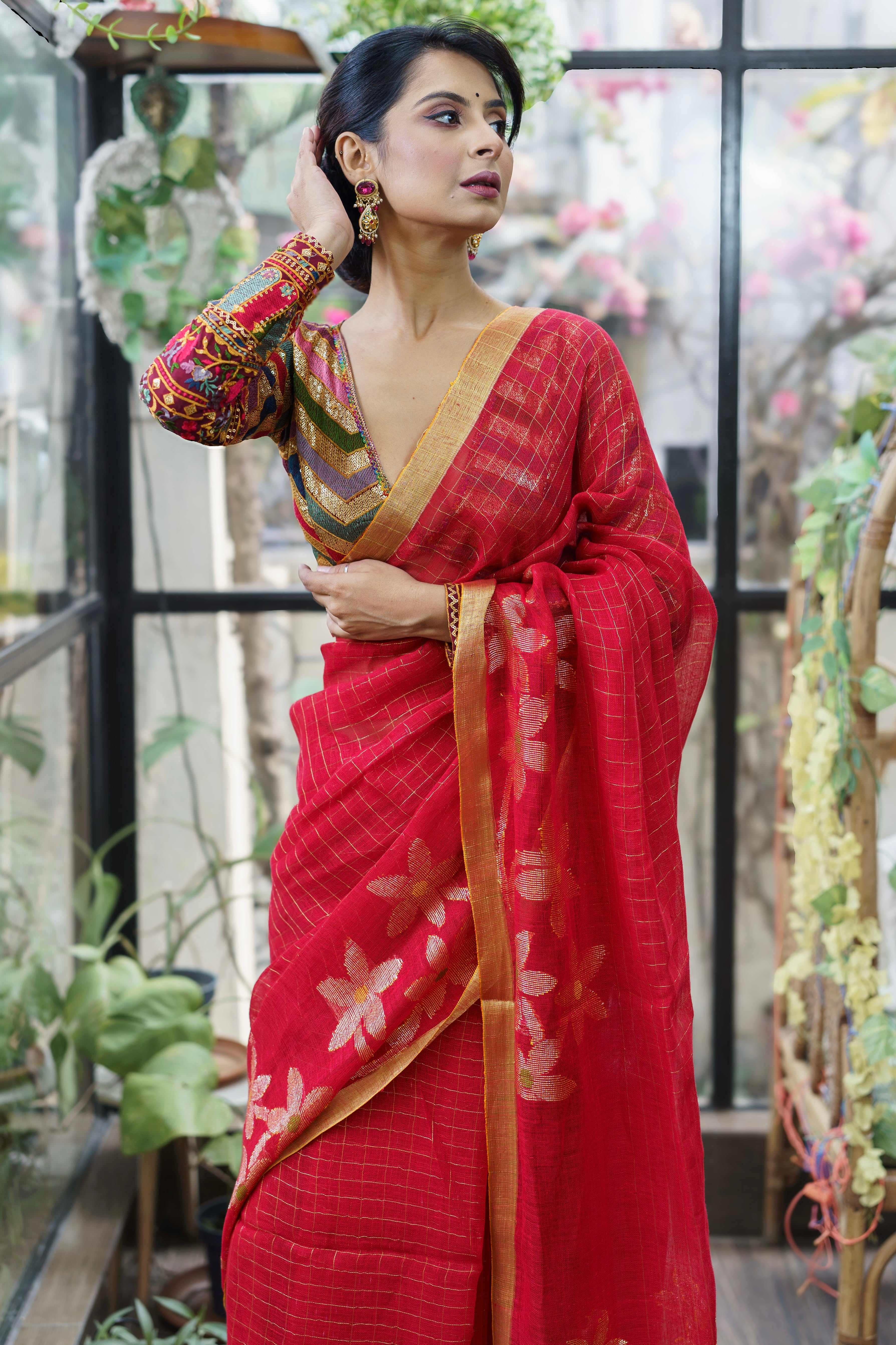Red floral golden zari check Linen Saree with blouse piece