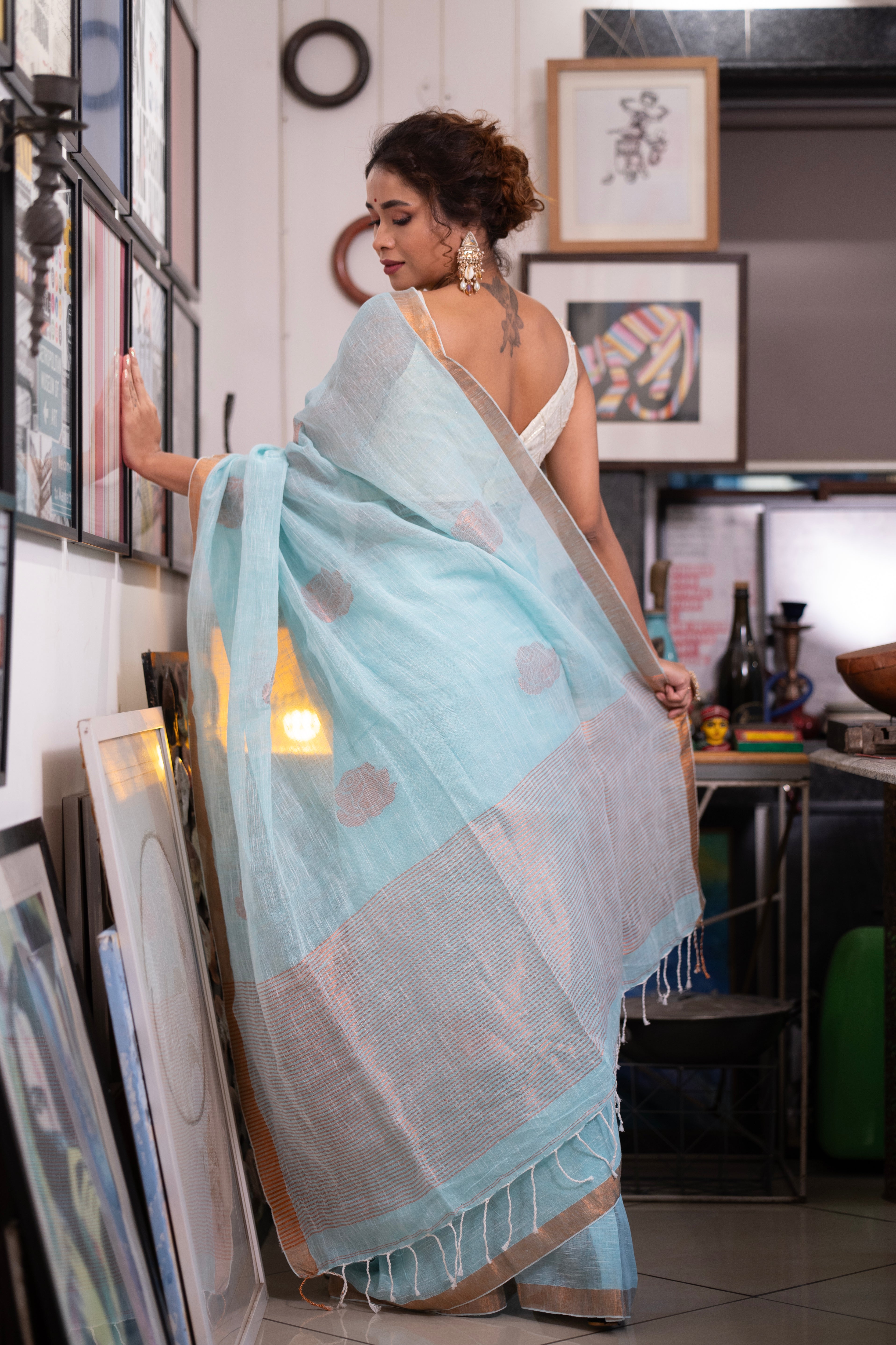 Sky Blue flowers motive Linen Saree