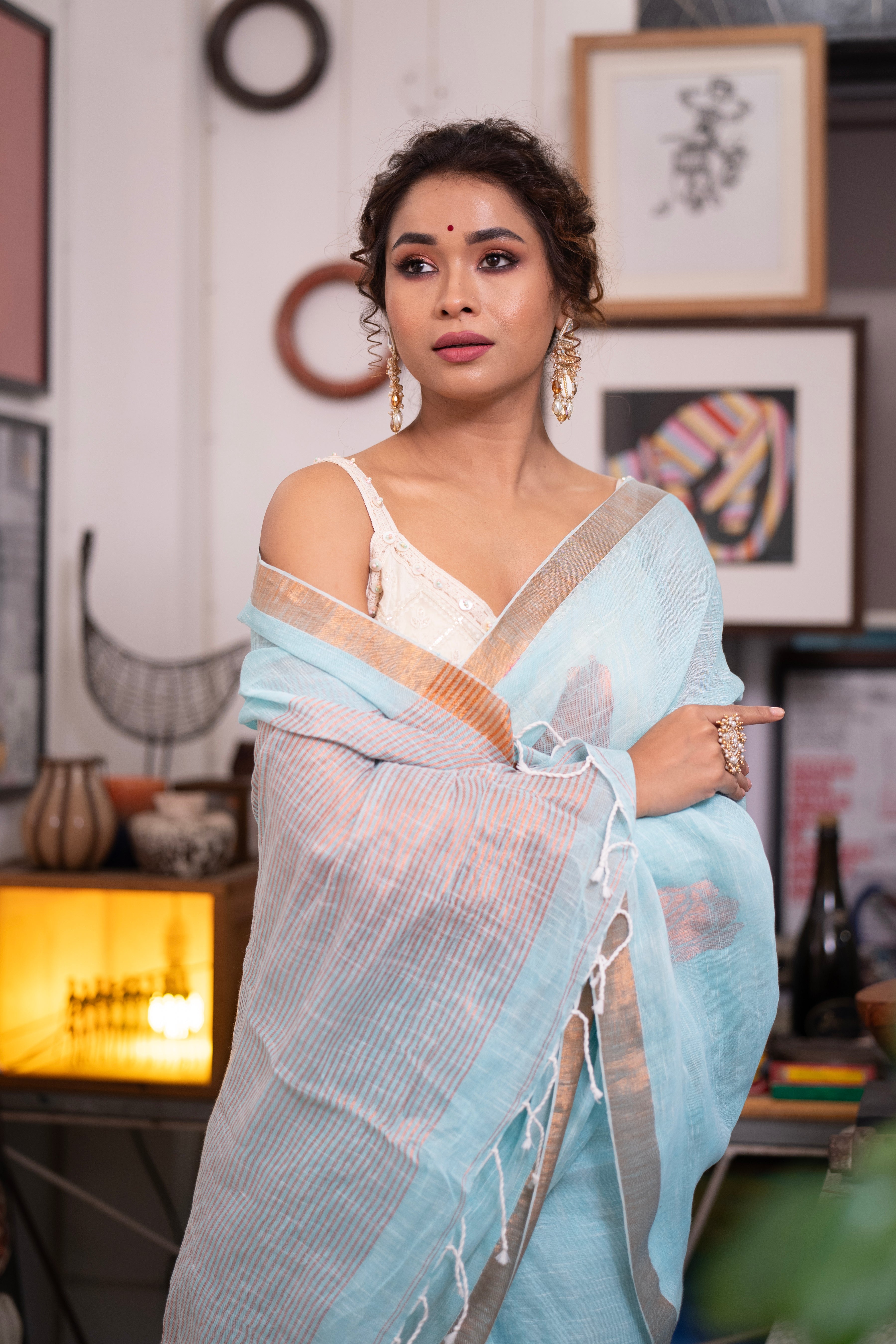 Sky Blue flowers motive Linen Saree