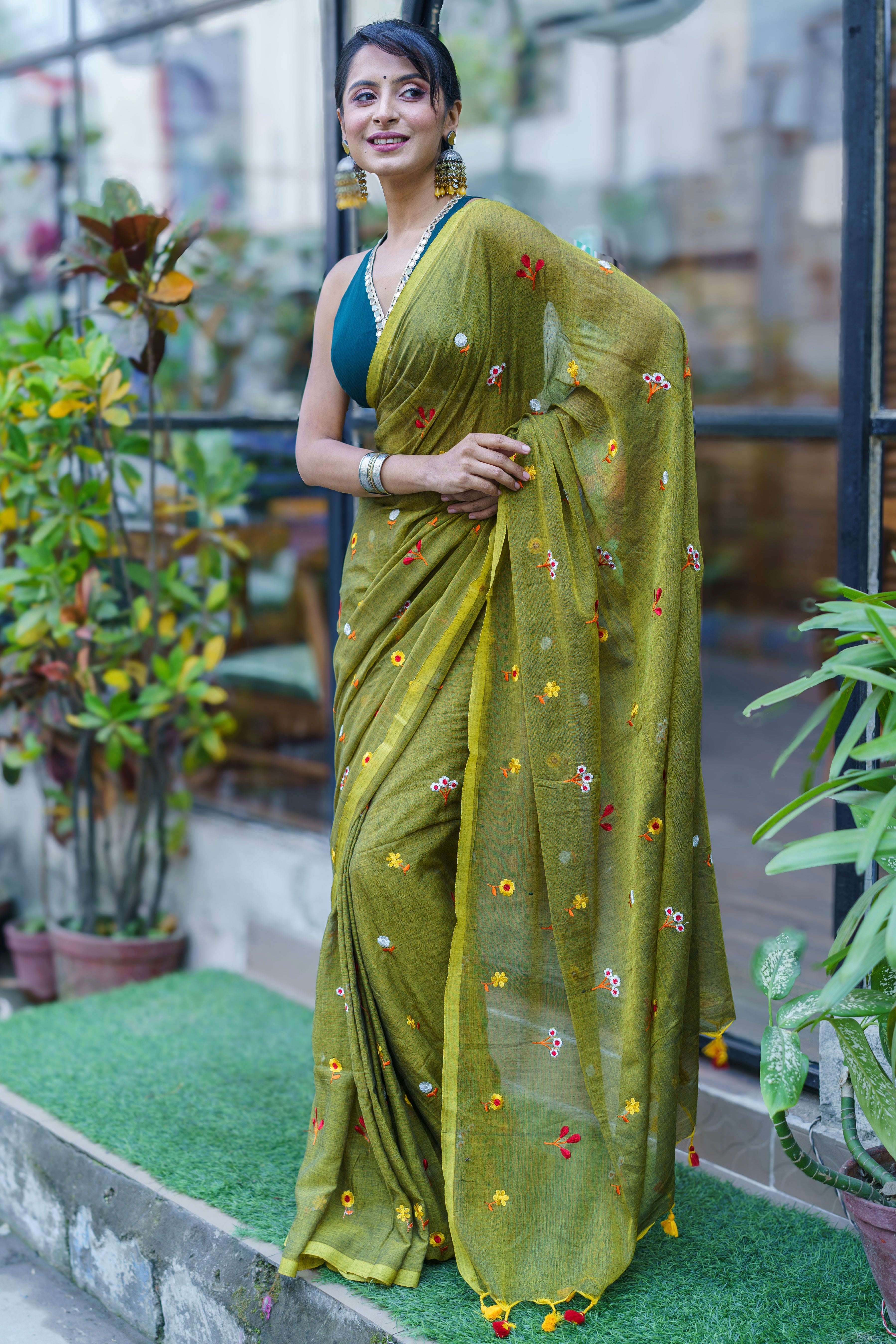 Olive Embroidered Mul Mul Cotton