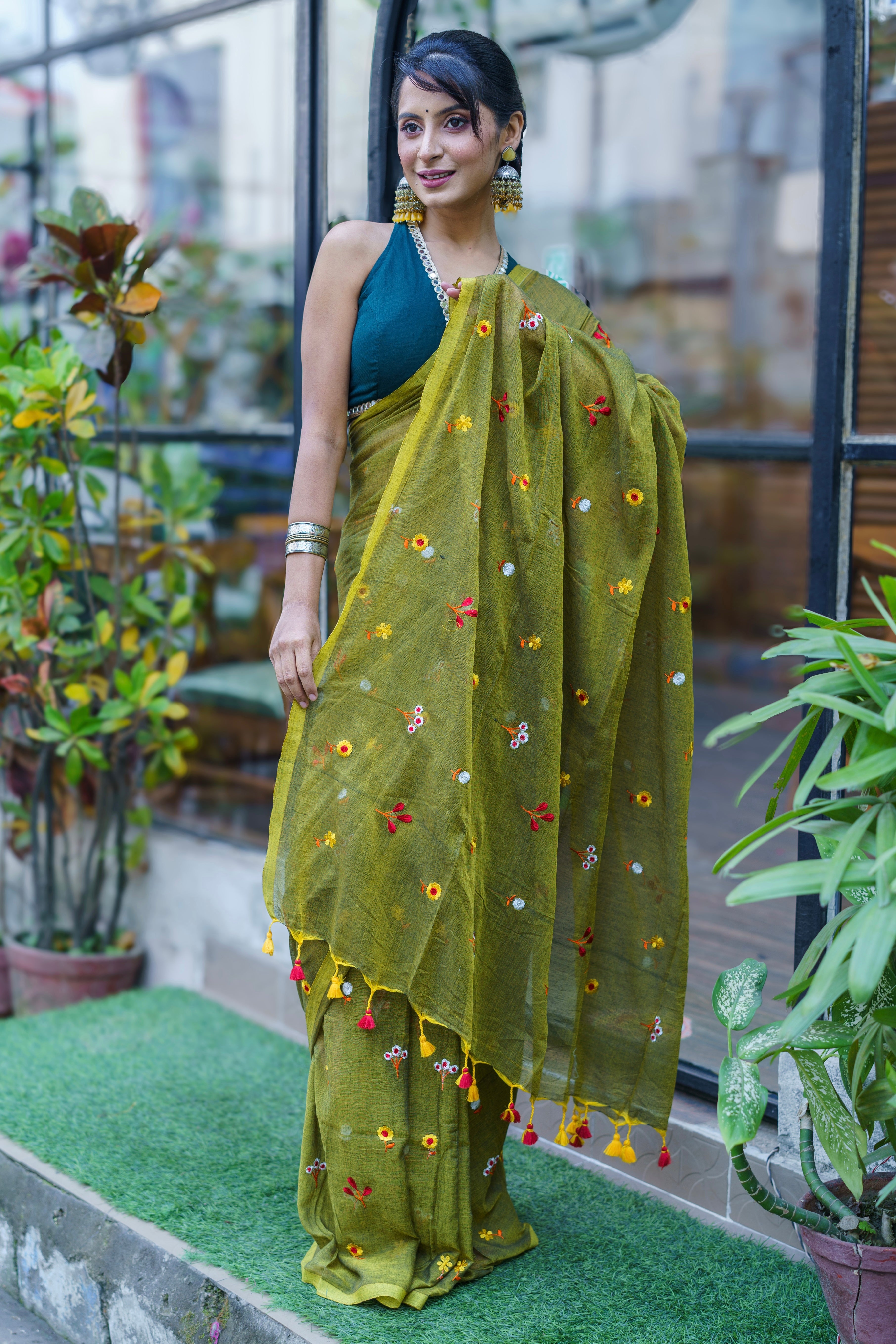 Olive Embroidered Mul Mul Cotton