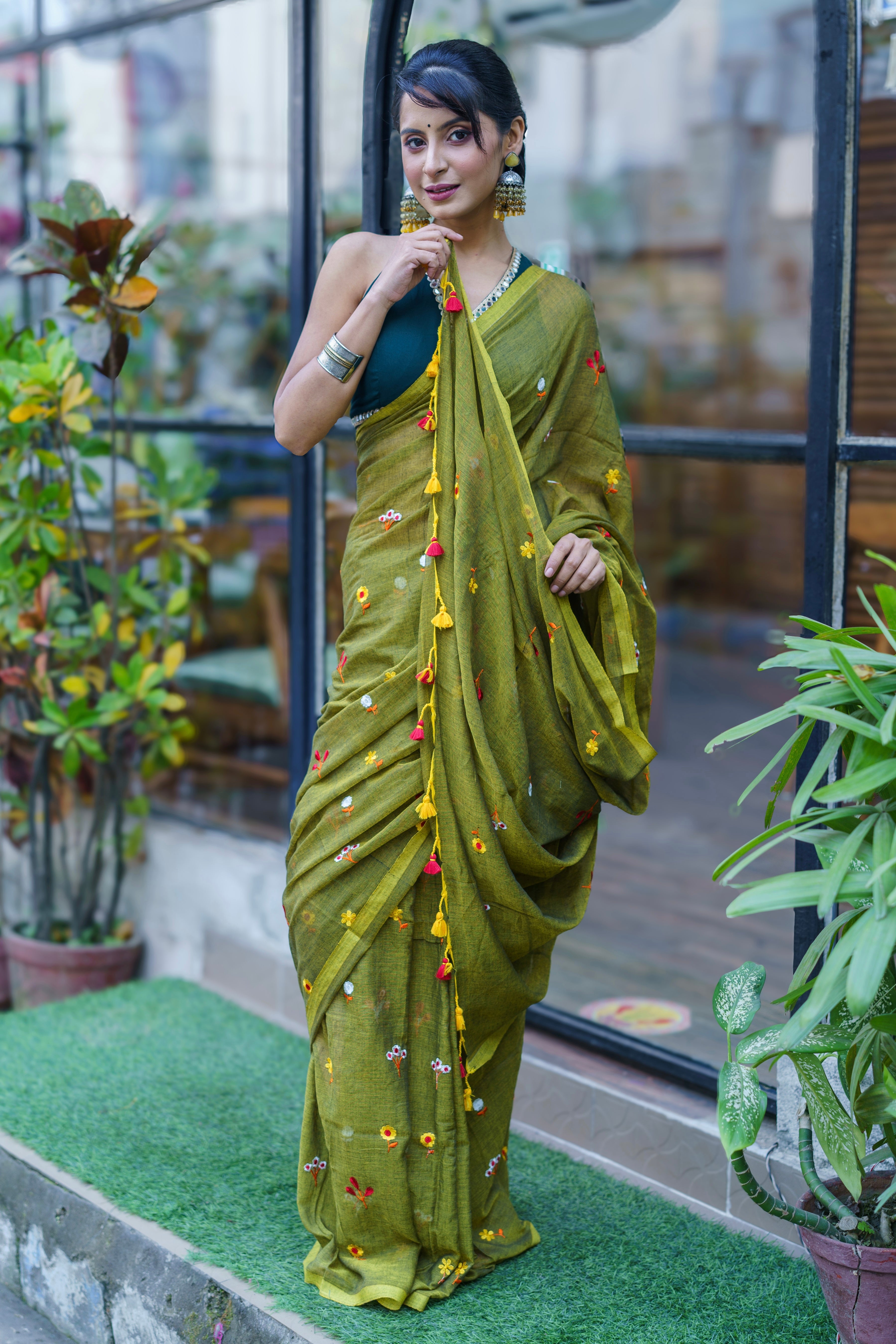 Olive Embroidered Mul Mul Cotton
