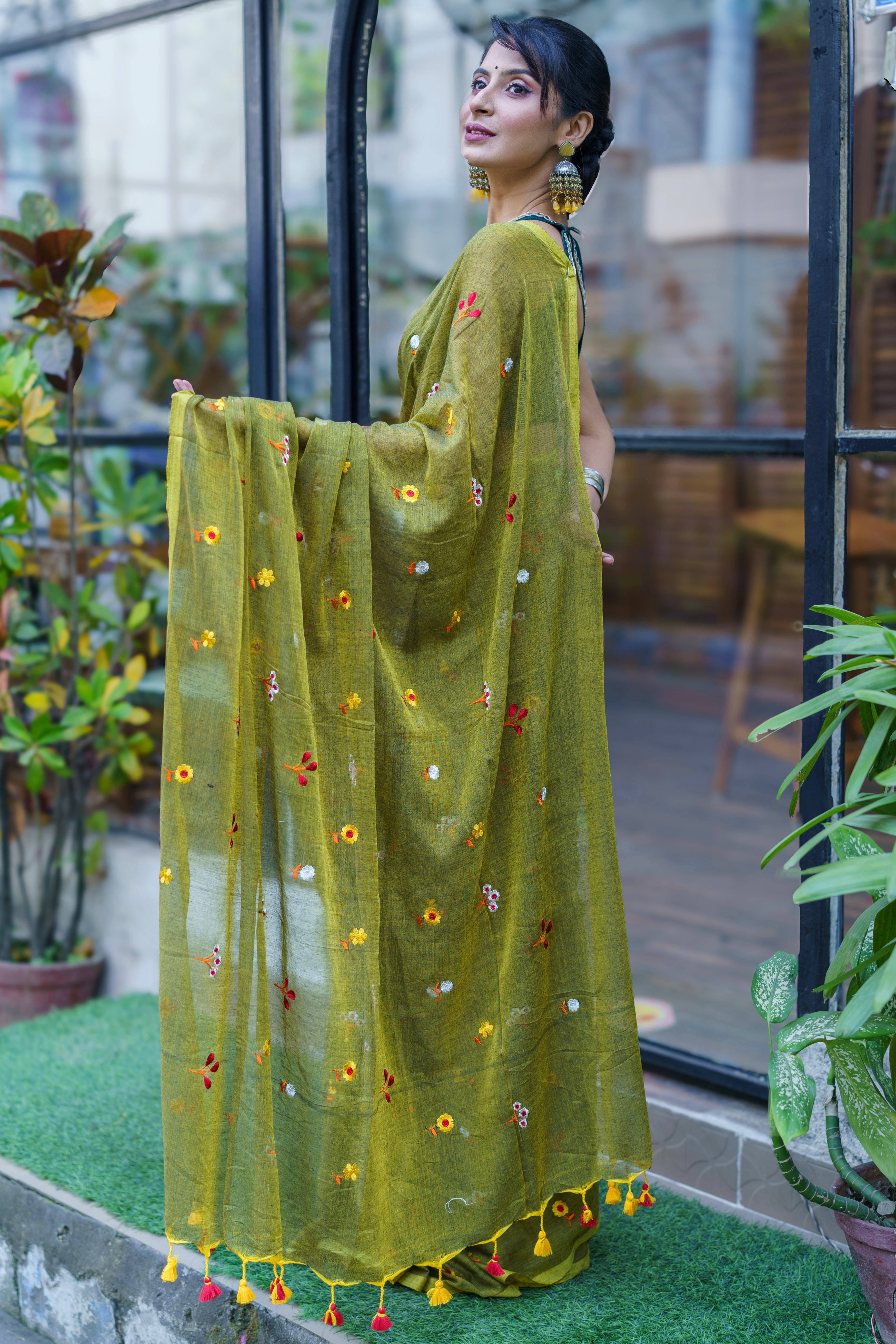 Olive Embroidered Mul Mul Cotton